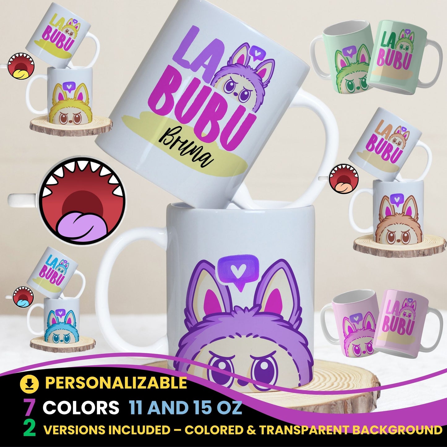 A collection of Labubu-themed mouth-bottom mug wrap templates in PNG format, perfect for sublimation. Features fun cartoon character designs with playful mouths placed at the base of the mug, ideal for adding humor and personality to drinkware.