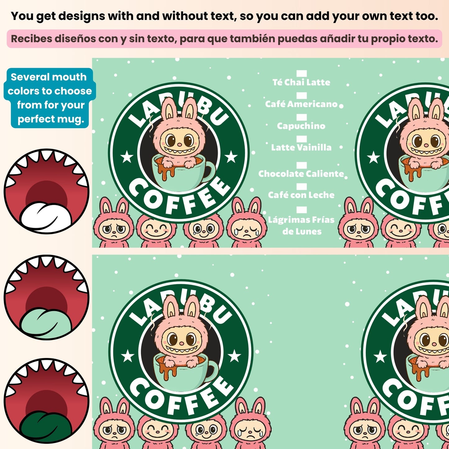La Llubu Coffee branding with cartoon character and text options on a light green background.