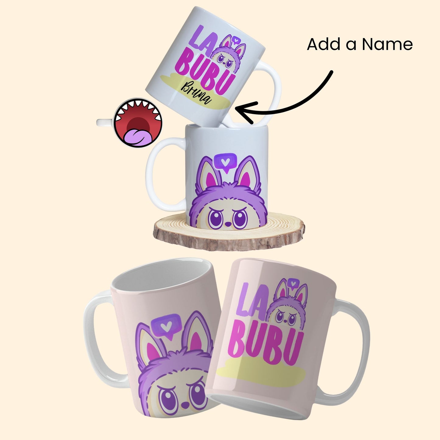 A collection of Labubu-themed mouth-bottom mug wrap templates in PNG format, perfect for sublimation. Features fun cartoon character designs with playful mouths placed at the base of the mug, ideal for adding humor and personality to drinkware.