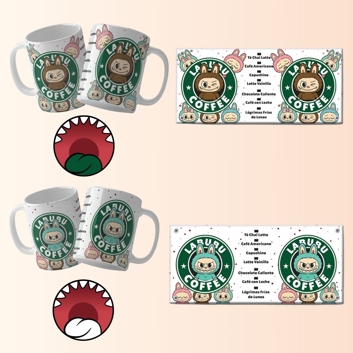 Mugs and bottom mouths with a cartoon character and 'Labubu Coffee' branding on a beige background.