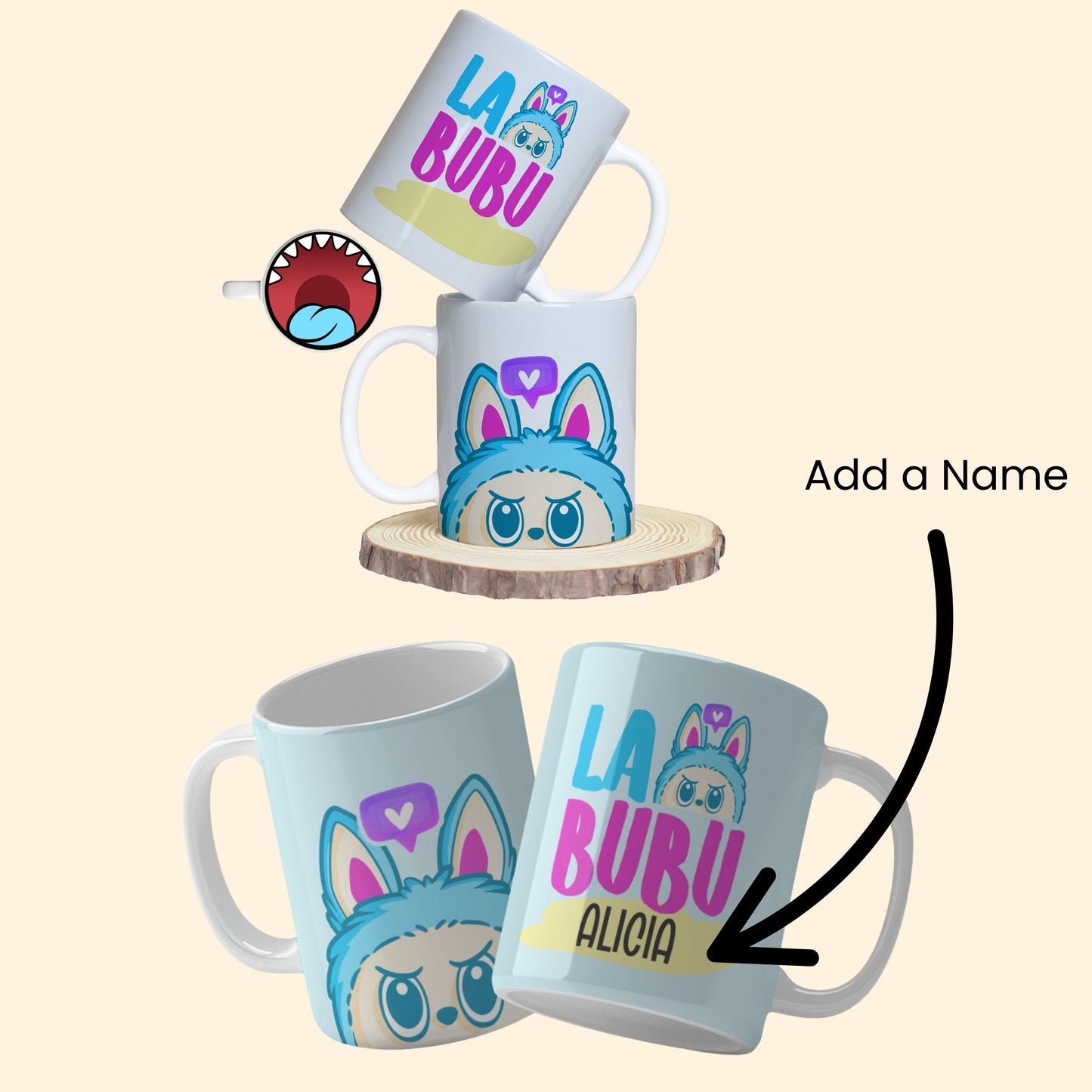 A collection of Labubu-themed mouth-bottom mug wrap templates in PNG format, perfect for sublimation. Features fun cartoon character designs with playful mouths placed at the base of the mug, ideal for adding humor and personality to drinkware.