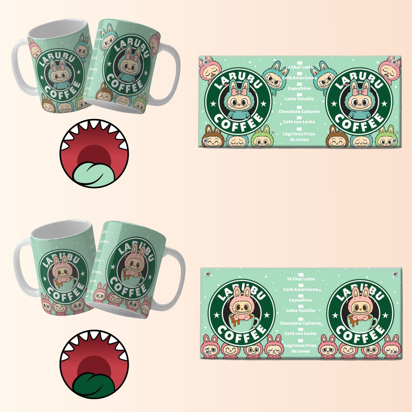 Mugs and bottom mouths with a cartoon character and 'Labubu Coffee' branding on a beige background.