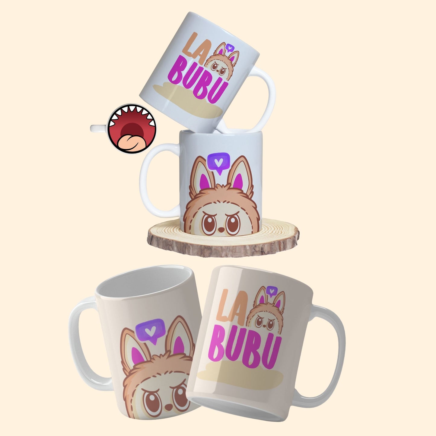 A collection of Labubu-themed mouth-bottom mug wrap templates in PNG format, perfect for sublimation. Features fun cartoon character designs with playful mouths placed at the base of the mug, ideal for adding humor and personality to drinkware.