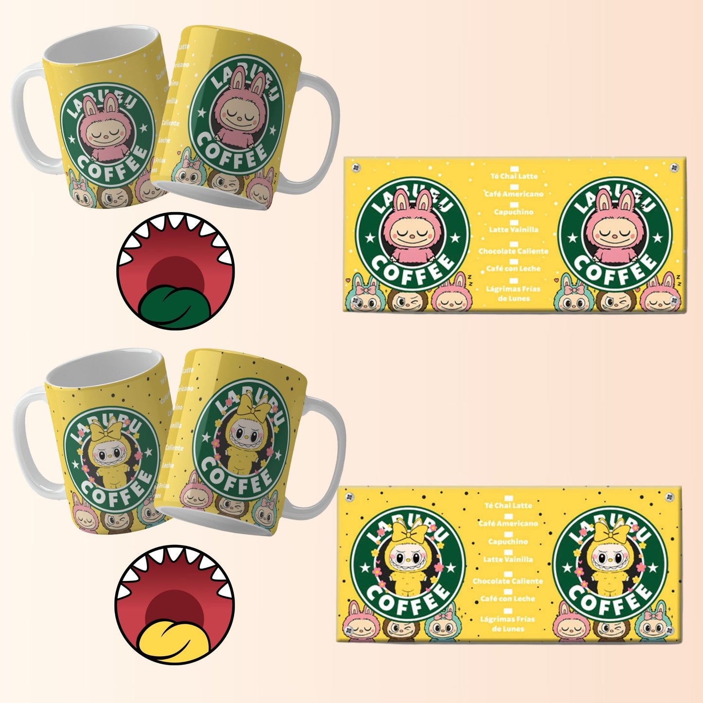Mugs and bottom mouths with a cartoon character and 'Labubu Coffee' branding on a beige background.