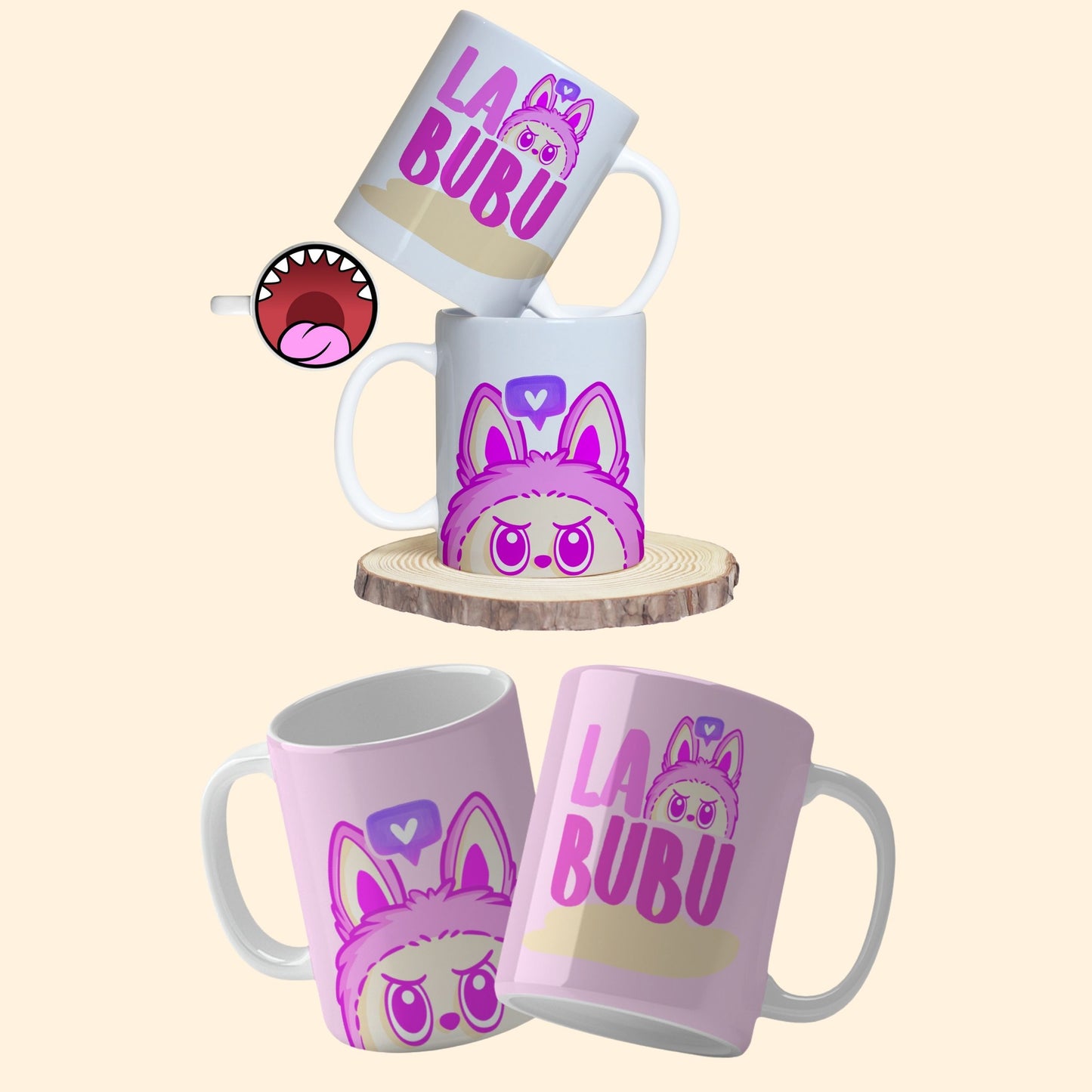 A collection of Labubu-themed mouth-bottom mug wrap templates in PNG format, perfect for sublimation. Features fun cartoon character designs with playful mouths placed at the base of the mug, ideal for adding humor and personality to drinkware.