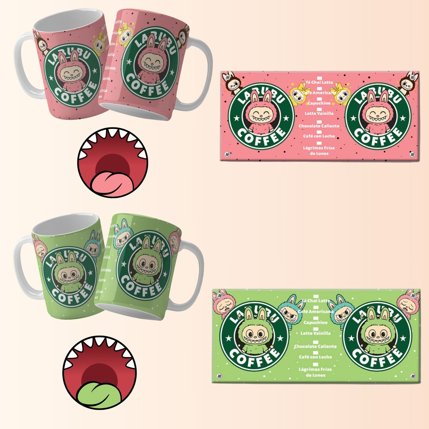 Mugs and bottom mouths with a cartoon character and 'Labubu Coffee' branding on a beige background.