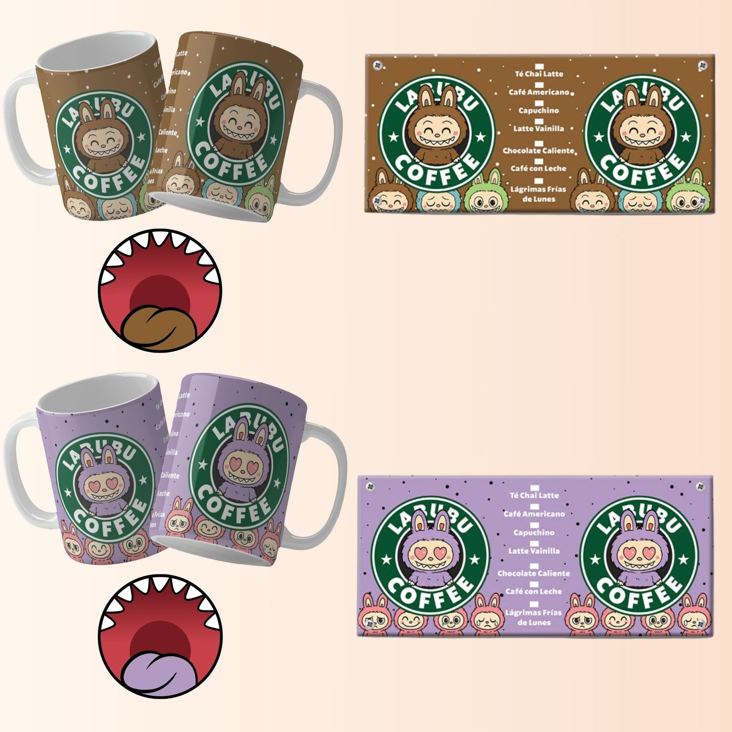 Mugs and bottom mouths with a cartoon character and 'Labubu Coffee' branding on a beige background.