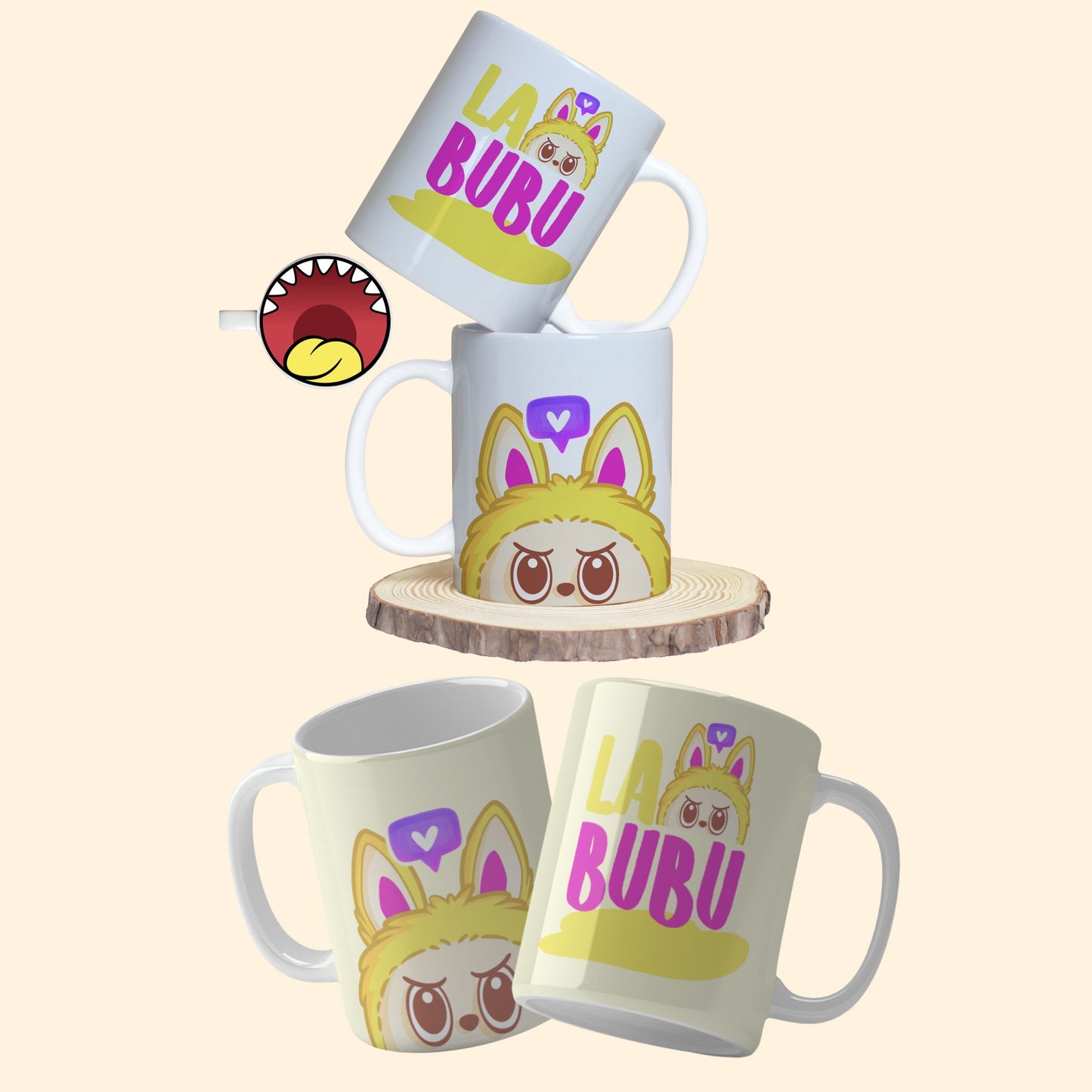 A collection of Labubu-themed mouth-bottom mug wrap templates in PNG format, perfect for sublimation. Features fun cartoon character designs with playful mouths placed at the base of the mug, ideal for adding humor and personality to drinkware.