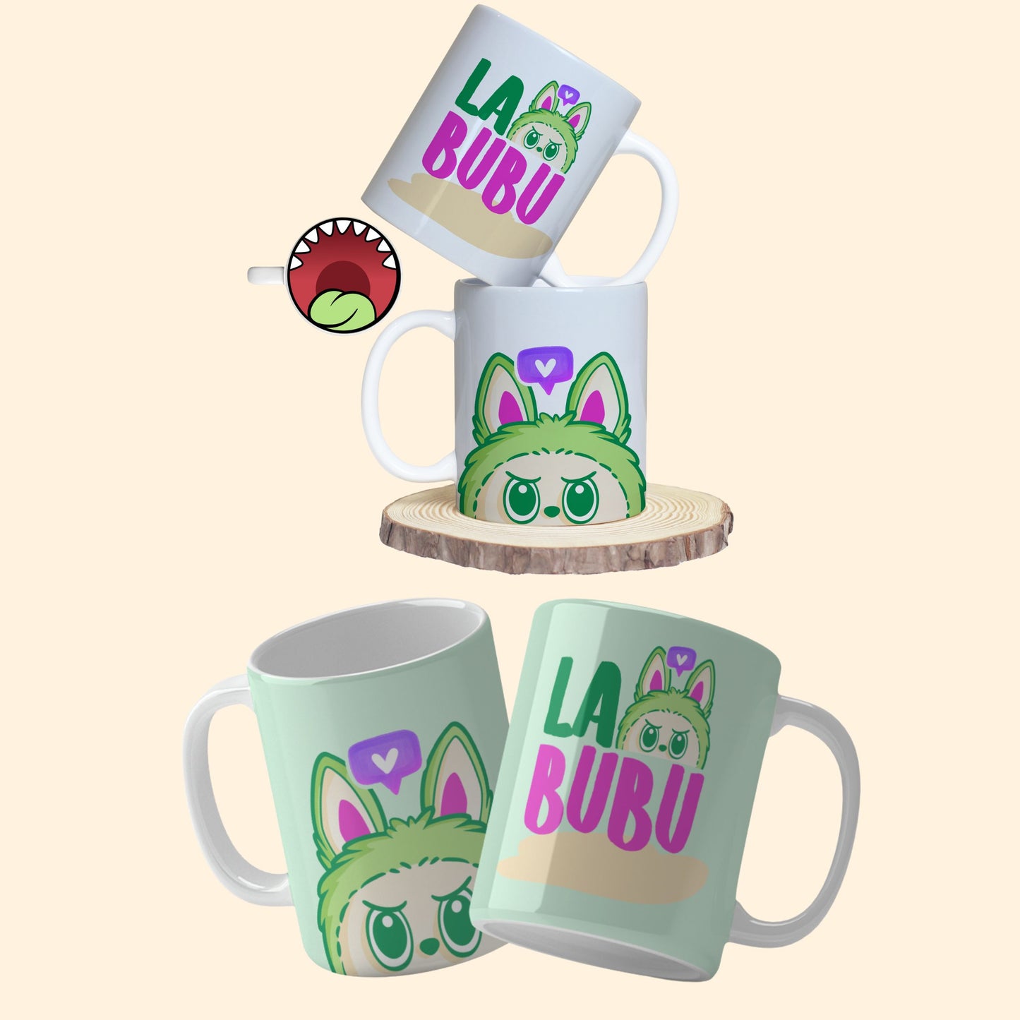 A collection of Labubu-themed mouth-bottom mug wrap templates in PNG format, perfect for sublimation. Features fun cartoon character designs with playful mouths placed at the base of the mug, ideal for adding humor and personality to drinkware.