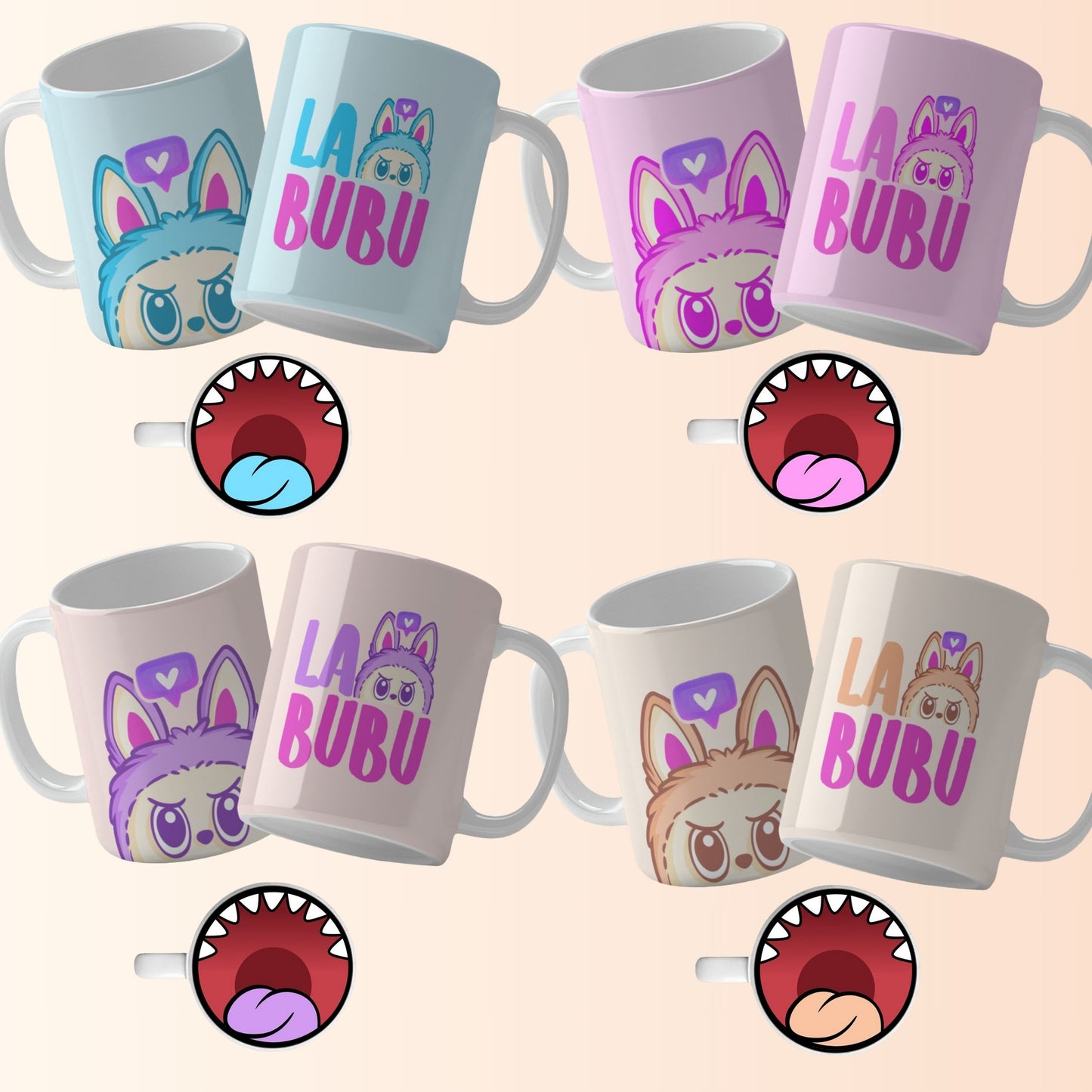 A collection of Labubu-themed mouth-bottom mug wrap templates in PNG format, perfect for sublimation. Features fun cartoon character designs with playful mouths placed at the base of the mug, ideal for adding humor and personality to drinkware. Includes both English and Spanish keywords for broad appeal. Labubu Mouth Bottom Mug Templates La Bubu Bottom Mouth Mug Png Sublimation Bocas Para Tazas Mug Wrap For Sublimations Cartoon Caracter Png.
