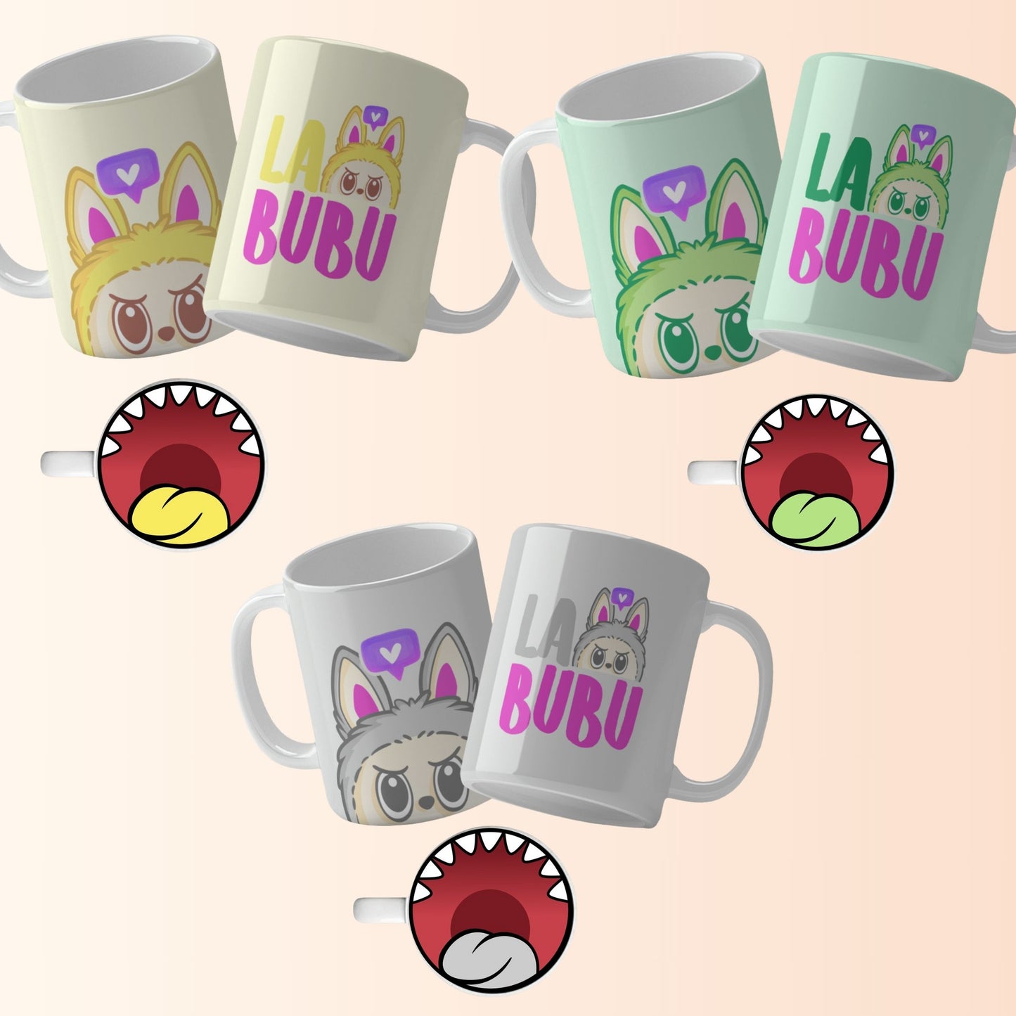 A collection of Labubu-themed mouth-bottom mug wrap templates in PNG format, perfect for sublimation. Features fun cartoon character designs with playful mouths placed at the base of the mug, ideal for adding humor and personality to drinkware. Includes both English and Spanish keywords for broad appeal. Labubu Mouth Bottom Mug Templates La Bubu Bottom Mouth Mug Png Sublimation Bocas Para Tazas Mug Wrap For Sublimations Cartoon Caracter Png.