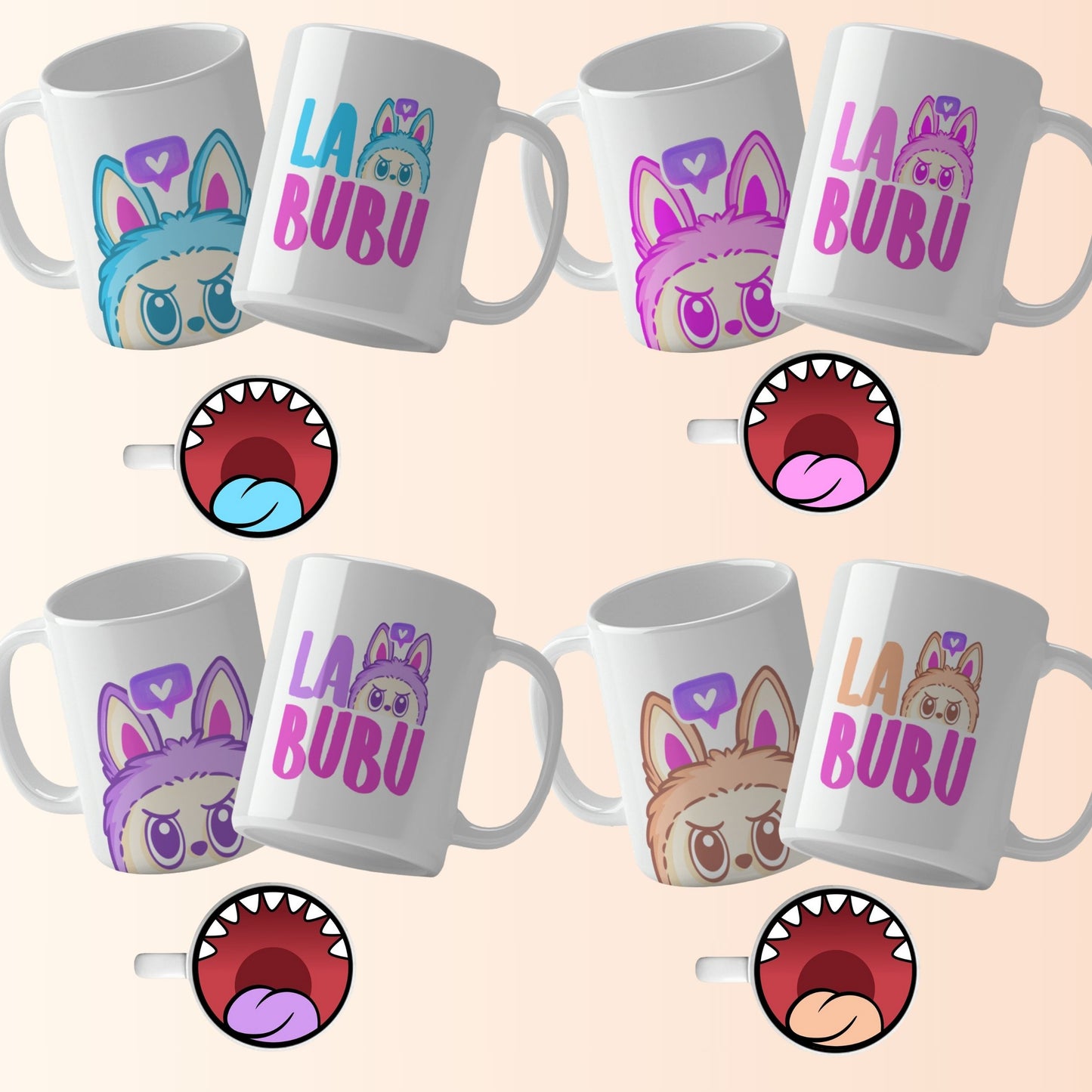 A collection of Labubu-themed mouth-bottom mug wrap templates in PNG format, perfect for sublimation. Features fun cartoon character designs with playful mouths placed at the base of the mug, ideal for adding humor and personality to drinkware. Includes both English and Spanish keywords for broad appeal. Labubu Mouth Bottom Mug Templates La Bubu Bottom Mouth Mug Png Sublimation Bocas Para Tazas Mug Wrap For Sublimations Cartoon Caracter Png.