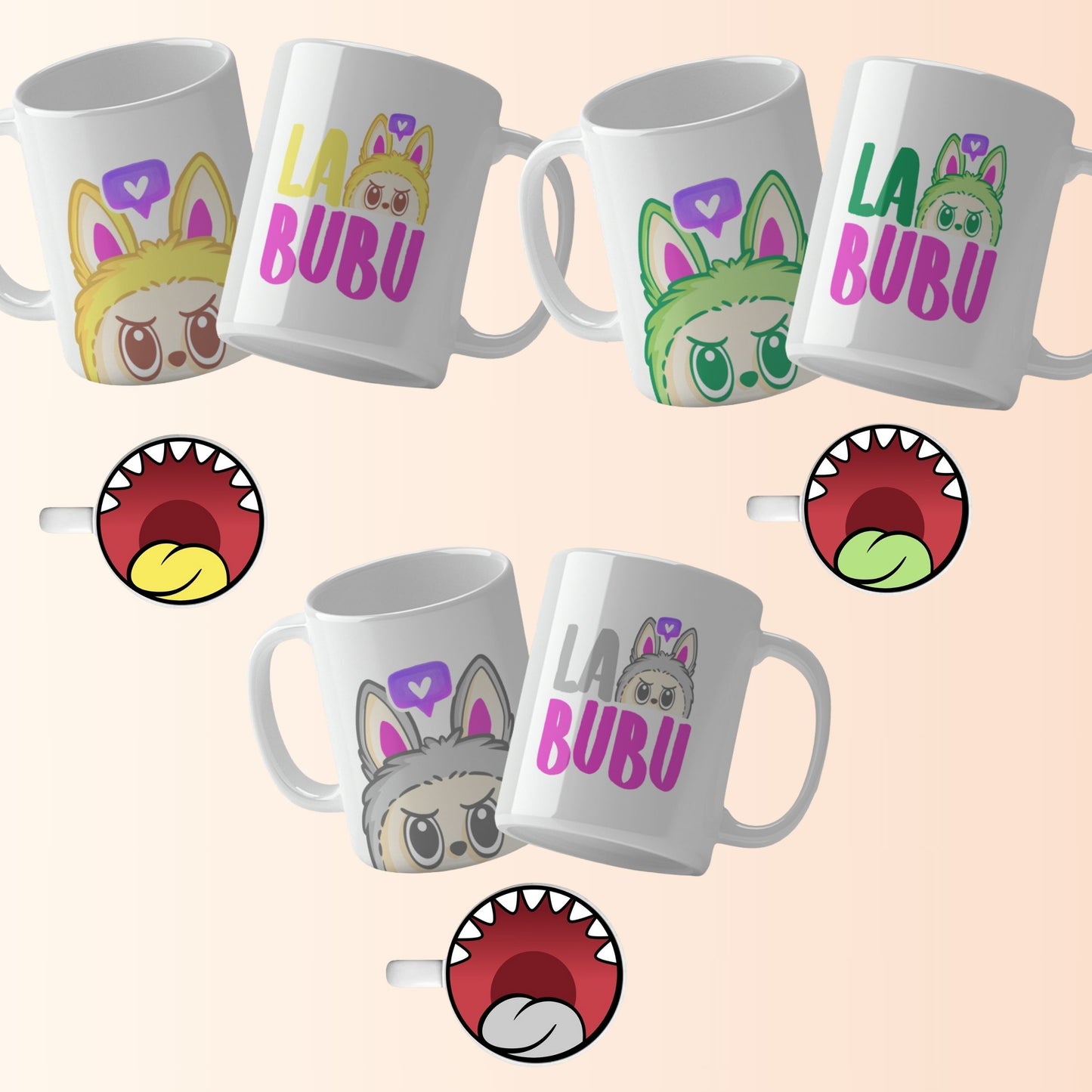 A collection of Labubu-themed mouth-bottom mug wrap templates in PNG format, perfect for sublimation. Features fun cartoon character designs with playful mouths placed at the base of the mug, ideal for adding humor and personality to drinkware. Includes both English and Spanish keywords for broad appeal. Labubu Mouth Bottom Mug Templates La Bubu Bottom Mouth Mug Png Sublimation Bocas Para Tazas Mug Wrap For Sublimations Cartoon Caracter Png.