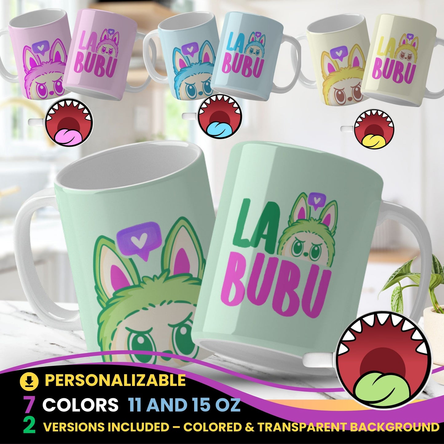 A collection of Labubu-themed mouth-bottom mug wrap templates in PNG format, perfect for sublimation. Features fun cartoon character designs with playful mouths placed at the base of the mug, ideal for adding humor and personality to drinkware. Includes both English and Spanish keywords for broad appeal. Labubu Mouth Bottom Mug Templates La Bubu Bottom Mouth Mug Png Sublimation Bocas Para Tazas Mug Wrap For Sublimations Cartoon Caracter Png.