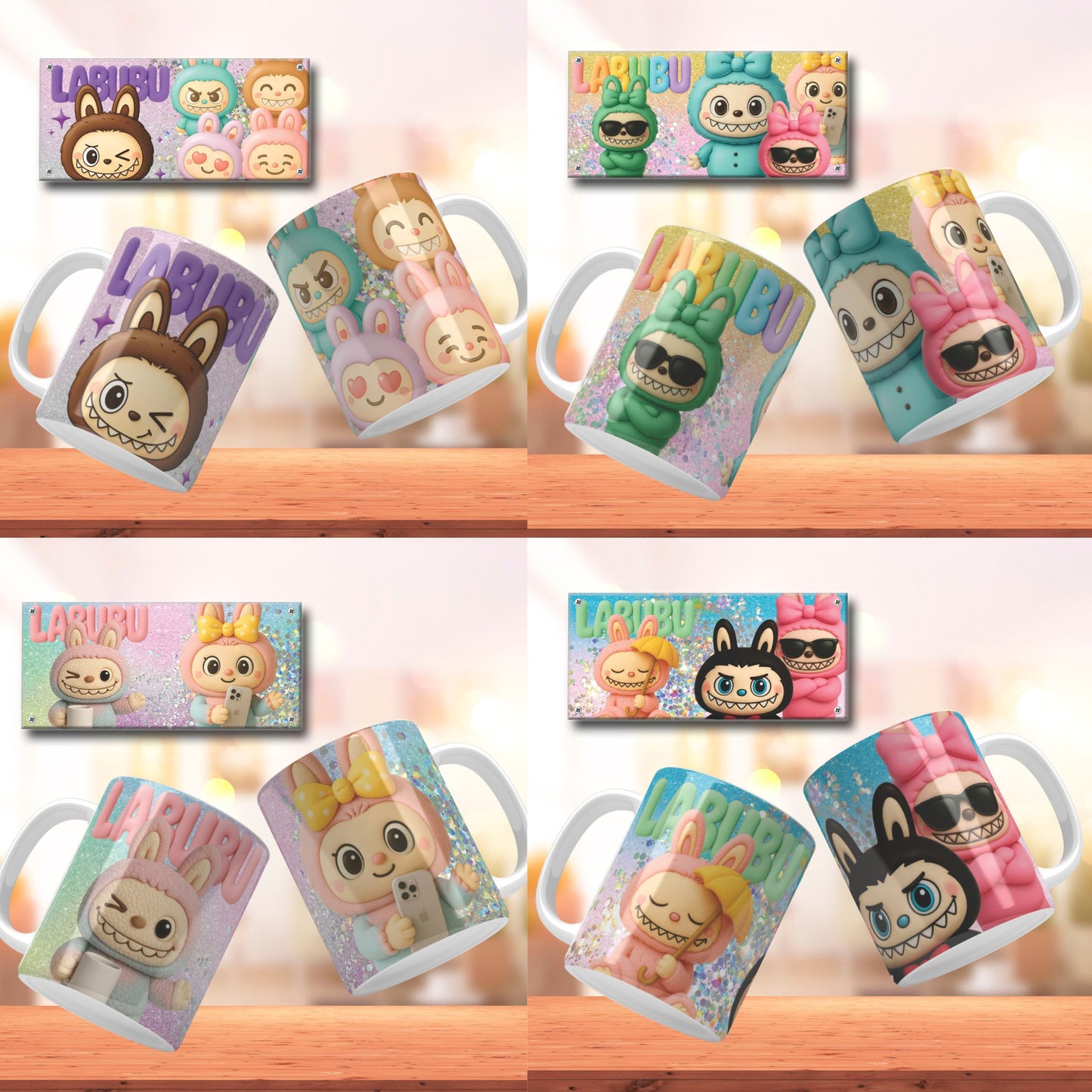 A bundle of Labubu Mug Wrap for Sublimation on mugs. Labubu png files for sublimation.