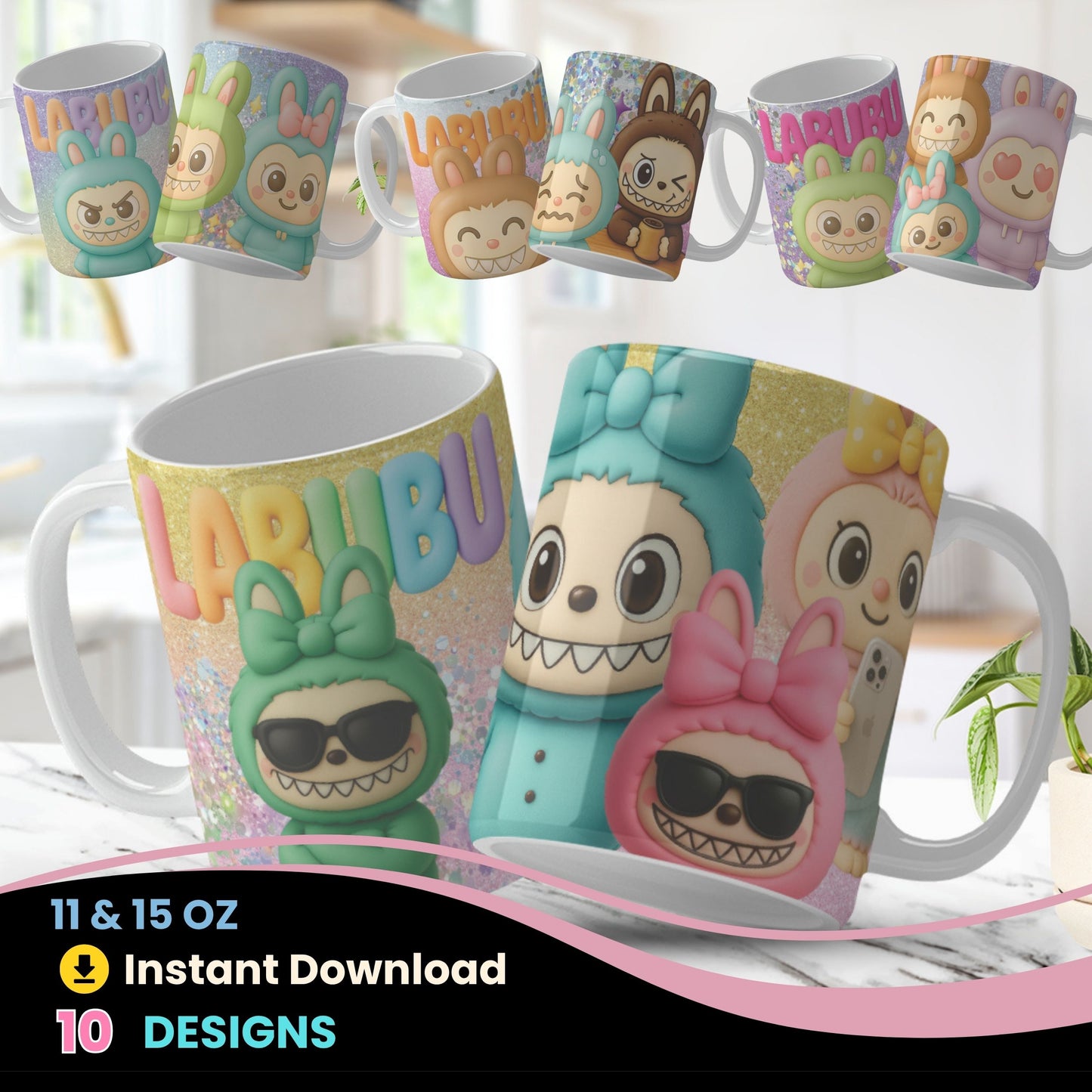 A bundle of Labubu Mug Wrap for Sublimation on mugs. Labubu png files for sublimation.