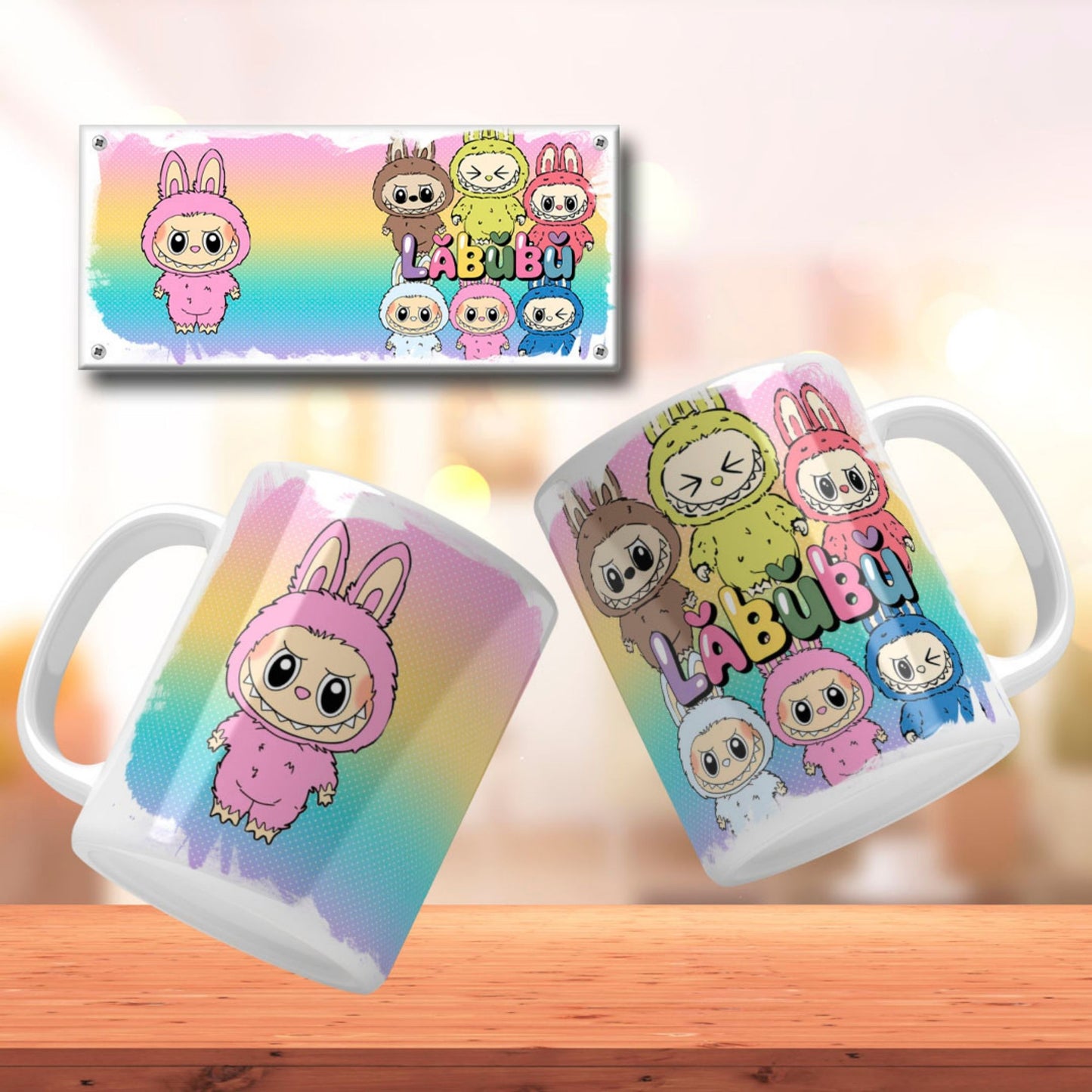A collection of Labubu-themed mouth-bottom mug wrap templates in PNG format, perfect for sublimation. Features fun cartoon character designs with playful mouths placed at the base of the mug, ideal for adding humor and personality to drinkware. Includes both English and Spanish keywords for broad appeal.