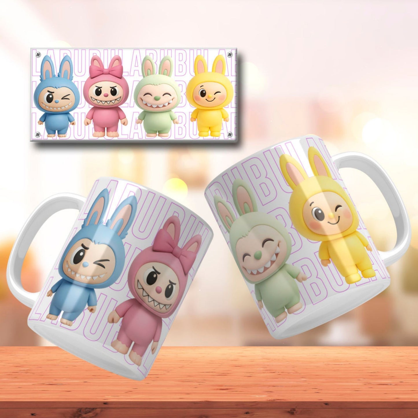 A collection of Labubu-themed mouth-bottom mug wrap templates in PNG format, perfect for sublimation. Features fun cartoon character designs with playful mouths placed at the base of the mug, ideal for adding humor and personality to drinkware. Includes both English and Spanish keywords for broad appeal.