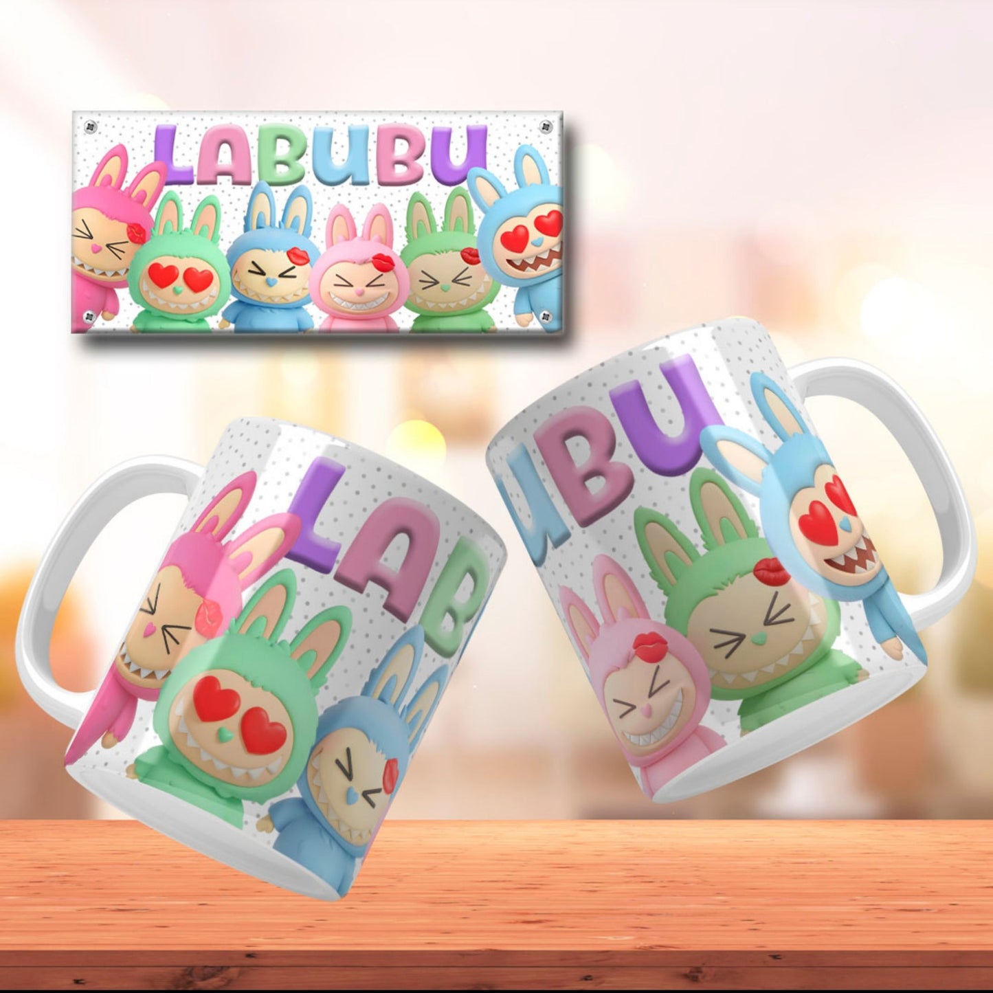 A collection of Labubu-themed mouth-bottom mug wrap templates in PNG format, perfect for sublimation. Features fun cartoon character designs with playful mouths placed at the base of the mug, ideal for adding humor and personality to drinkware. Includes both English and Spanish keywords for broad appeal.