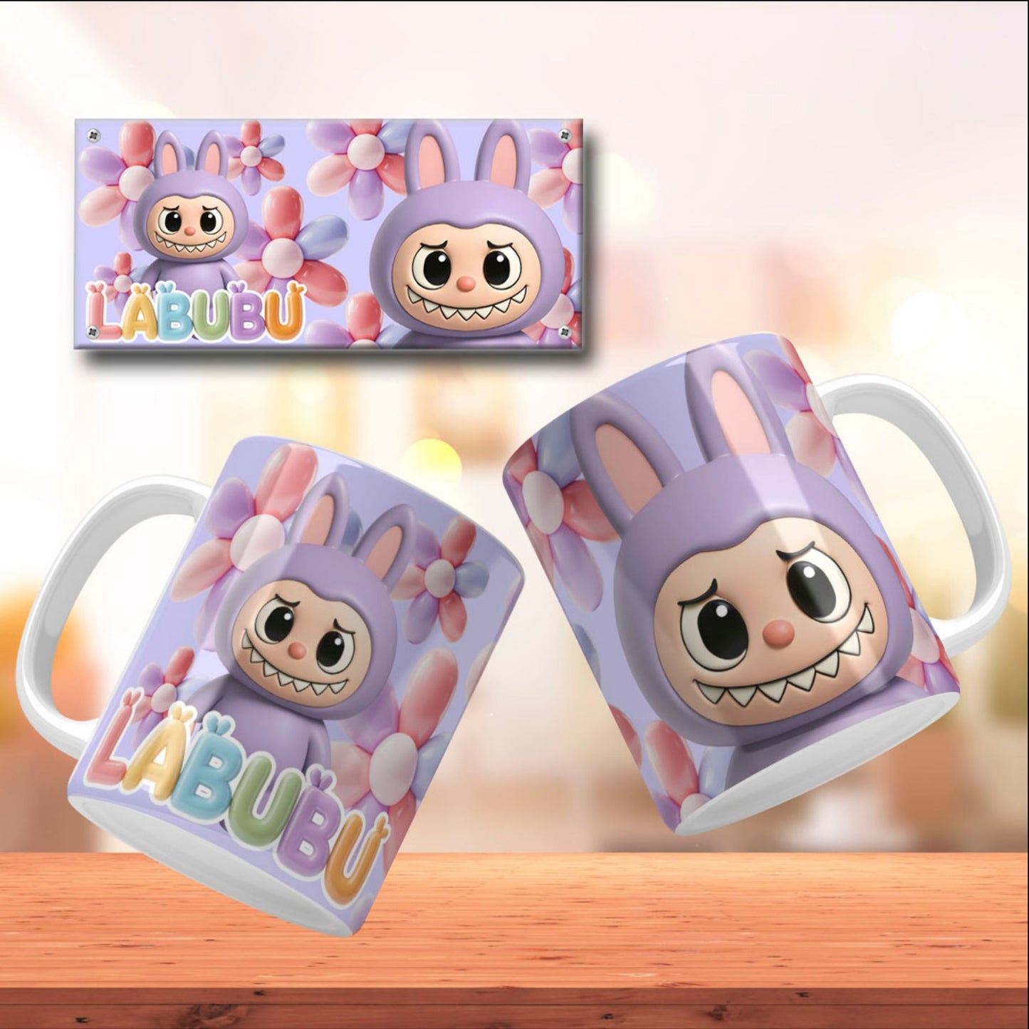 A collection of Labubu-themed mouth-bottom mug wrap templates in PNG format, perfect for sublimation. Features fun cartoon character designs with playful mouths placed at the base of the mug, ideal for adding humor and personality to drinkware. Includes both English and Spanish keywords for broad appeal.