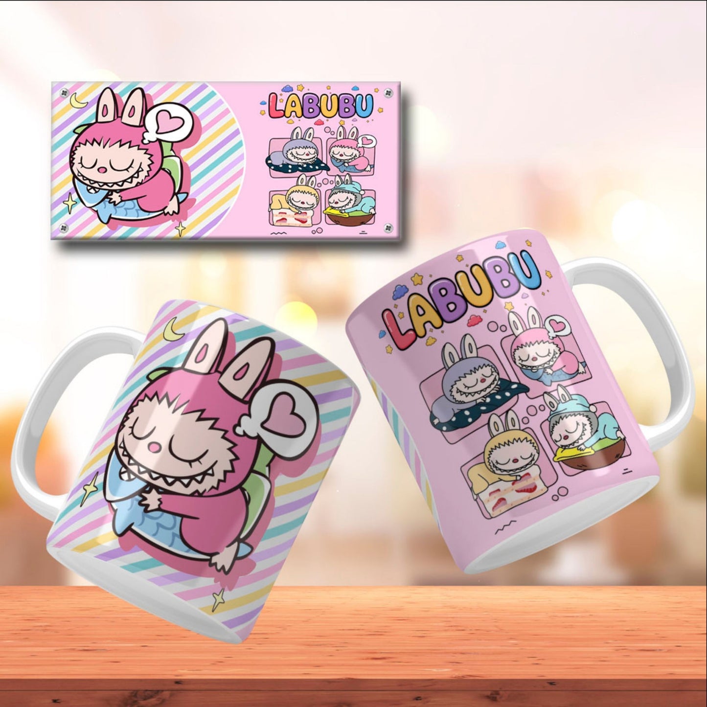 A collection of Labubu-themed mouth-bottom mug wrap templates in PNG format, perfect for sublimation. Features fun cartoon character designs with playful mouths placed at the base of the mug, ideal for adding humor and personality to drinkware. Includes both English and Spanish keywords for broad appeal.