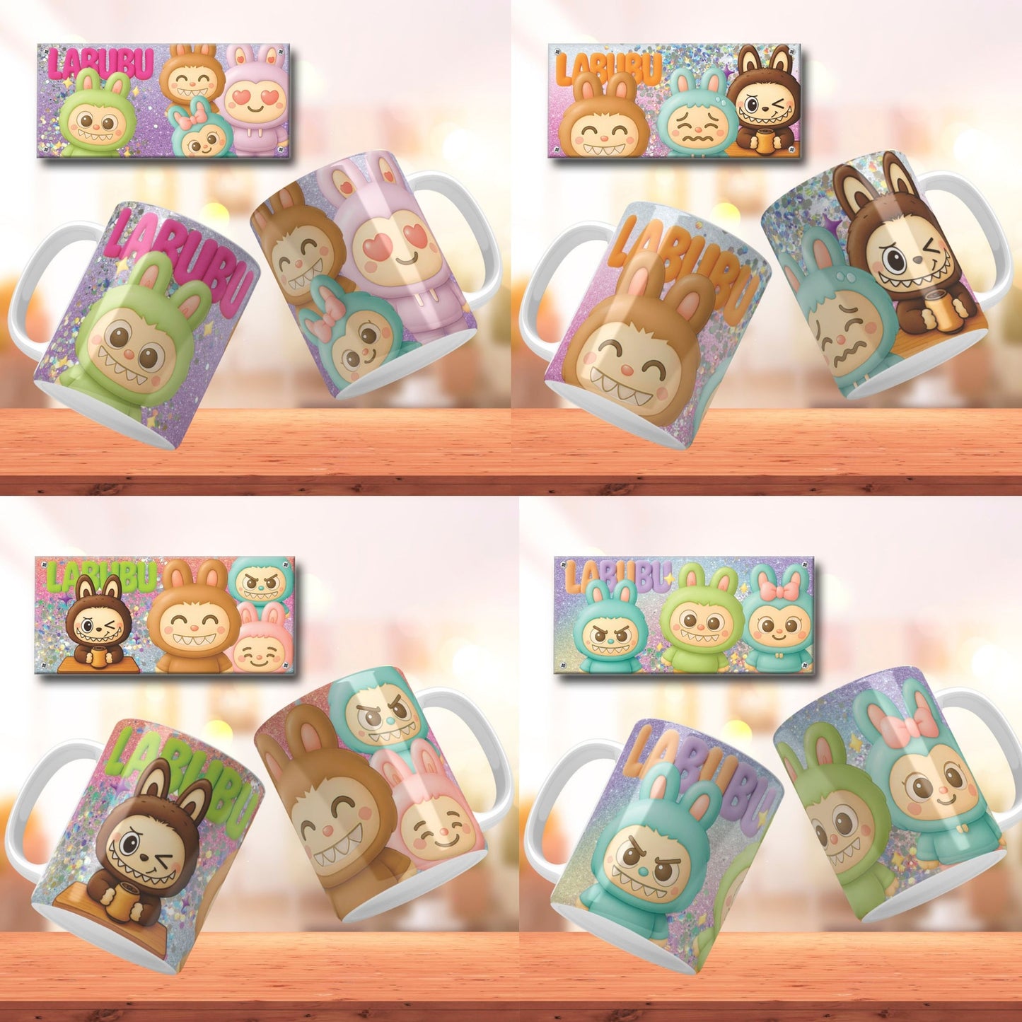 A bundle of Labubu Mug Wrap for Sublimation on mugs. Labubu png files for sublimation.