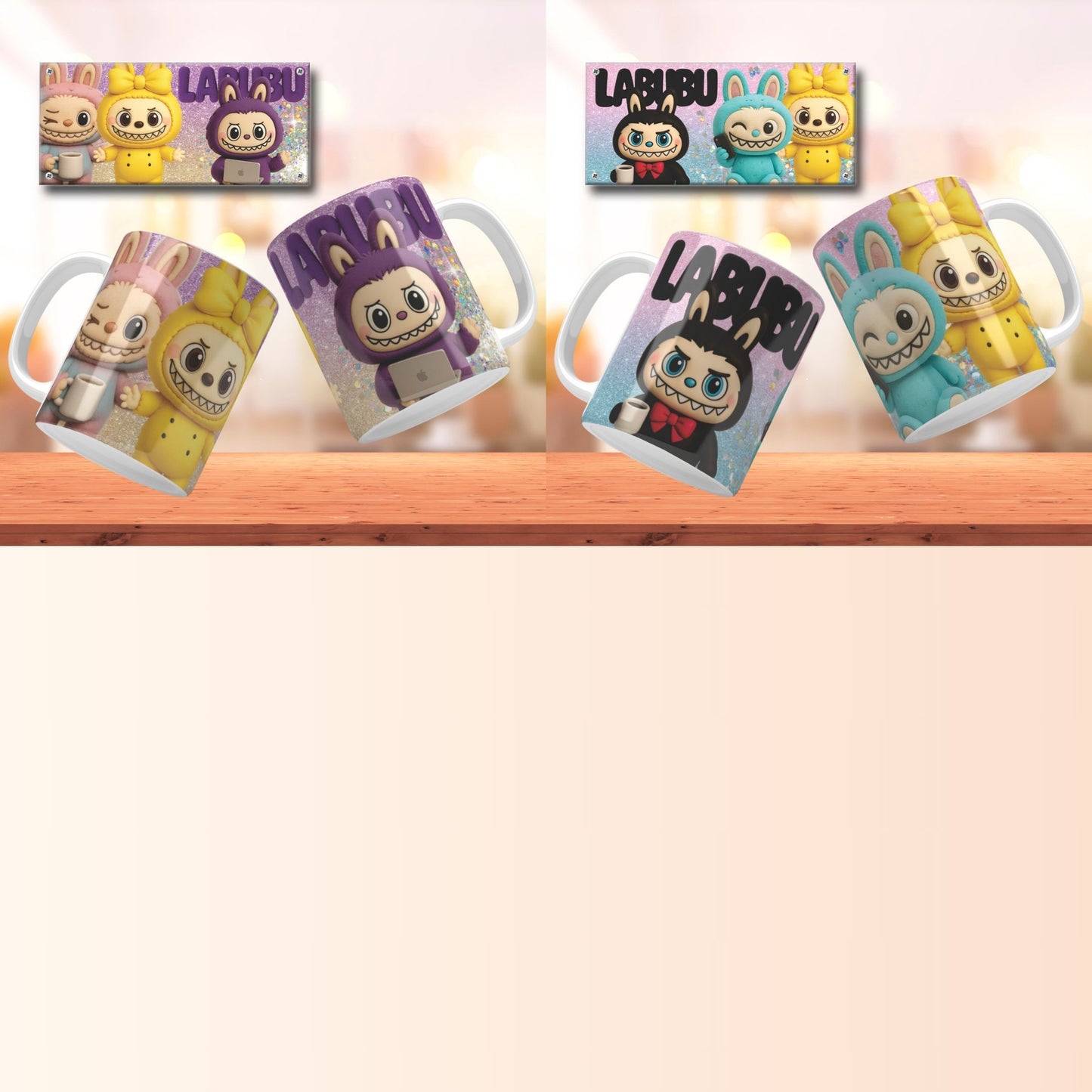 A bundle of Labubu Mug Wrap for Sublimation on mugs. Labubu png files for sublimation.