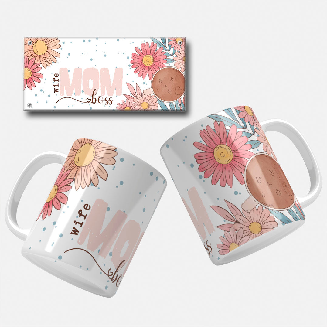 Colorful floral mug wrap template with the text 'Wife Mom Boss' surrounded by daisies and coffee cup illustration
