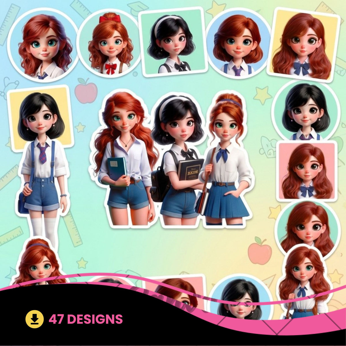 Cute School Girl Clipart PNG Bundle | Chibi Student Digital Stickers