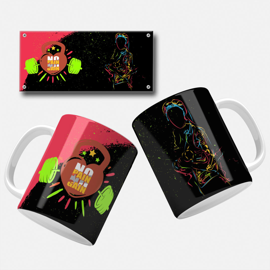 No_Pain_No_Gain_Mug_Wrap. Inspirational No Pain No Gain mug wrap design with a kettlebell and weightlifter illustration.