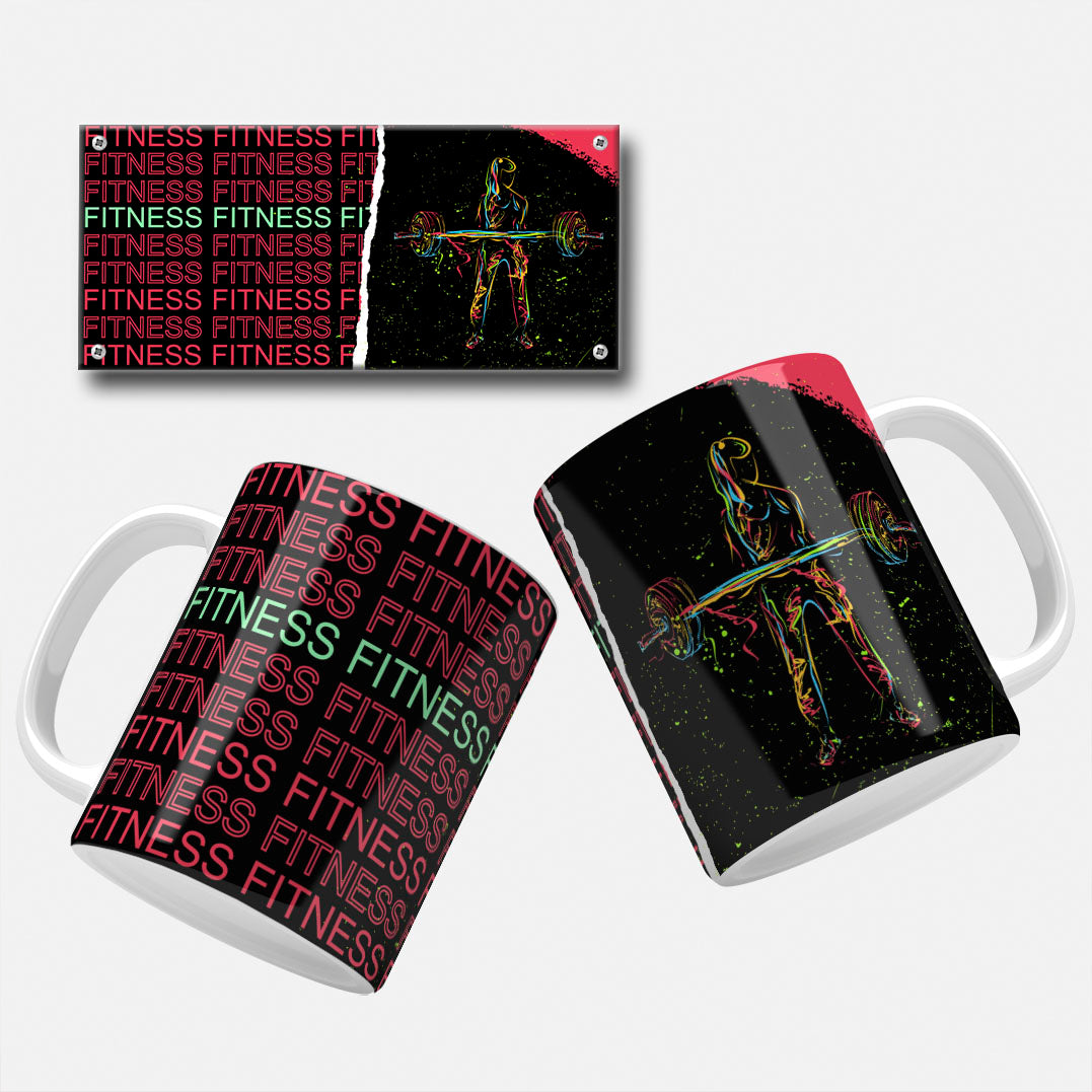 No_Pain_No_Gain_Mug_Wrap. Fitness mug wrap with No Pain No Gain quote and colorful outline of a bodybuilder
