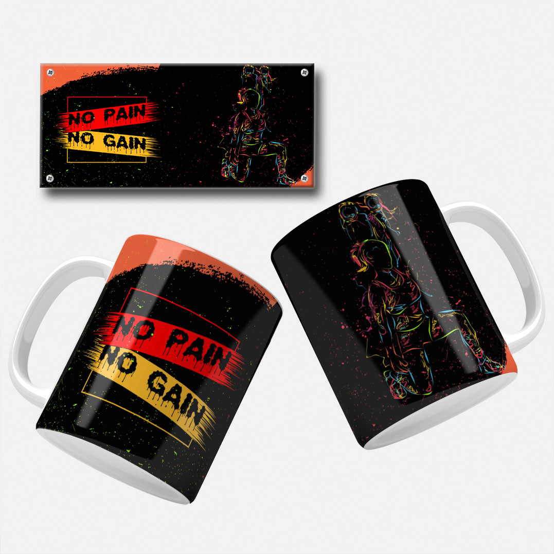 No_Pain_No_Gain_Mug_Wrap. Fitness mug wrap with No Pain No Gain quote and colorful outline of a bodybuilder.