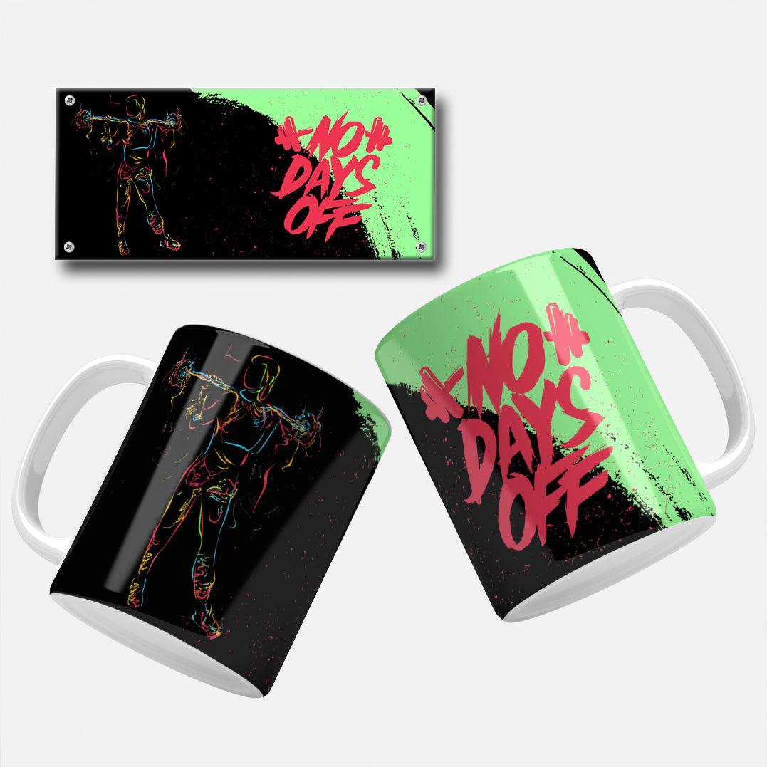 No_Pain_No_Gain_Mug_Wrap. No Days Off fitness mug wrap with vibrant illustration of a weightlifter and bold text