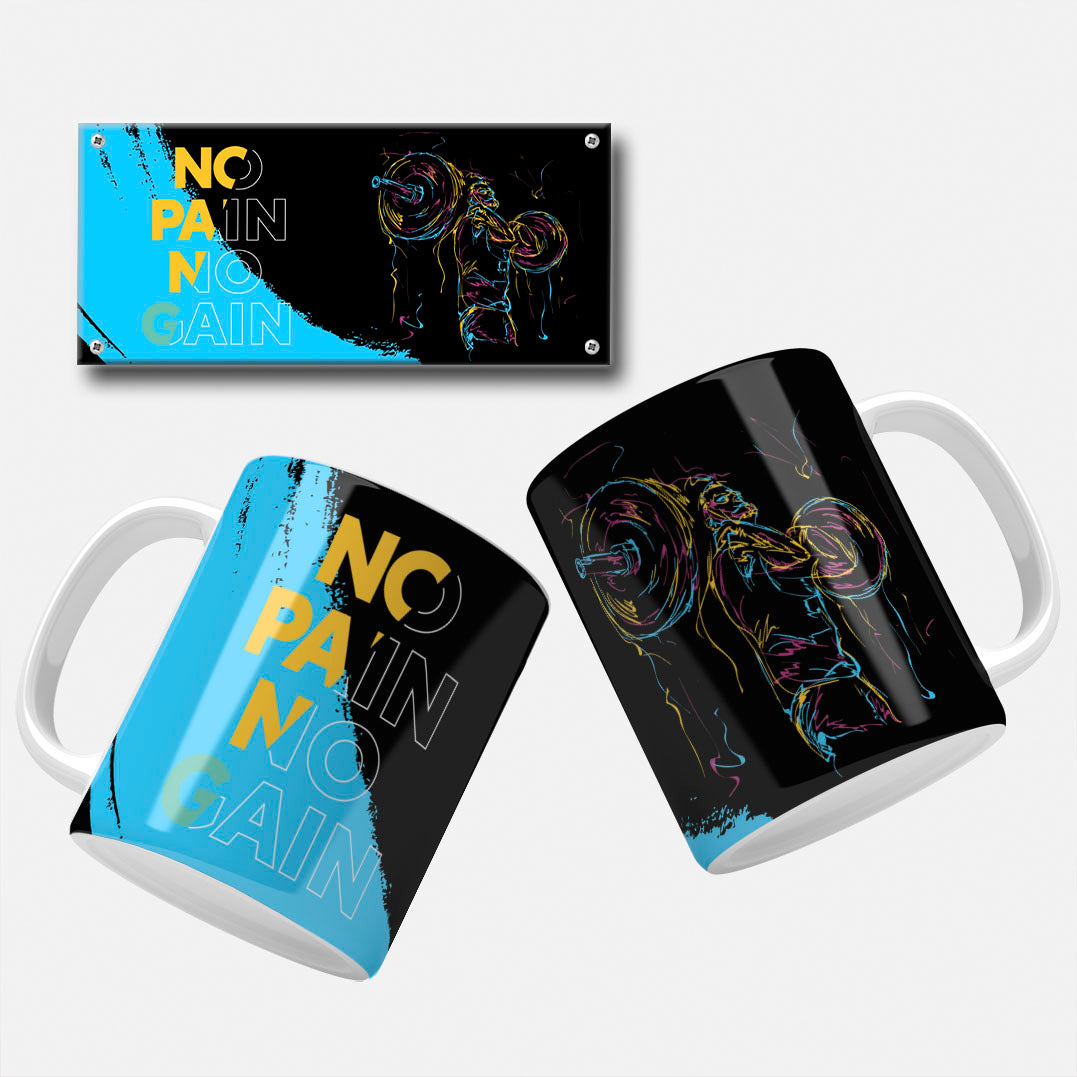 No Pain No Gain mug wrap design with blue accents and weightlifting graphic
