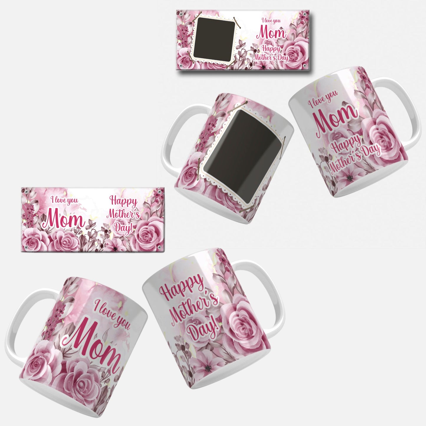 Floral Photo Mother's Day Mug Wrap Design: Pink and white floral mug wrap design, with space for a photo and a special Mother's Day message.