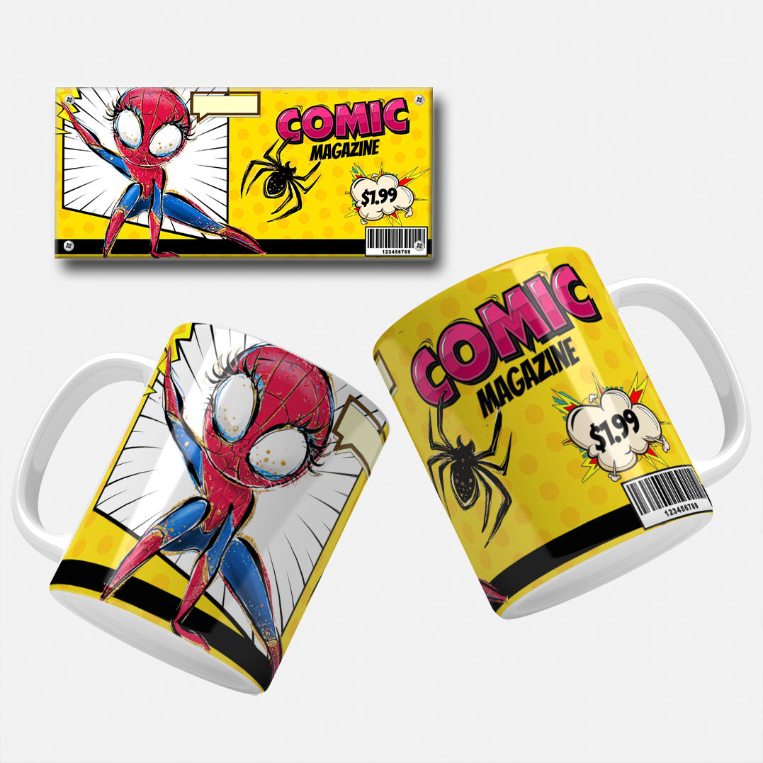 Bold and energetic Spider-Woman pop art mug wrap for superhero fans