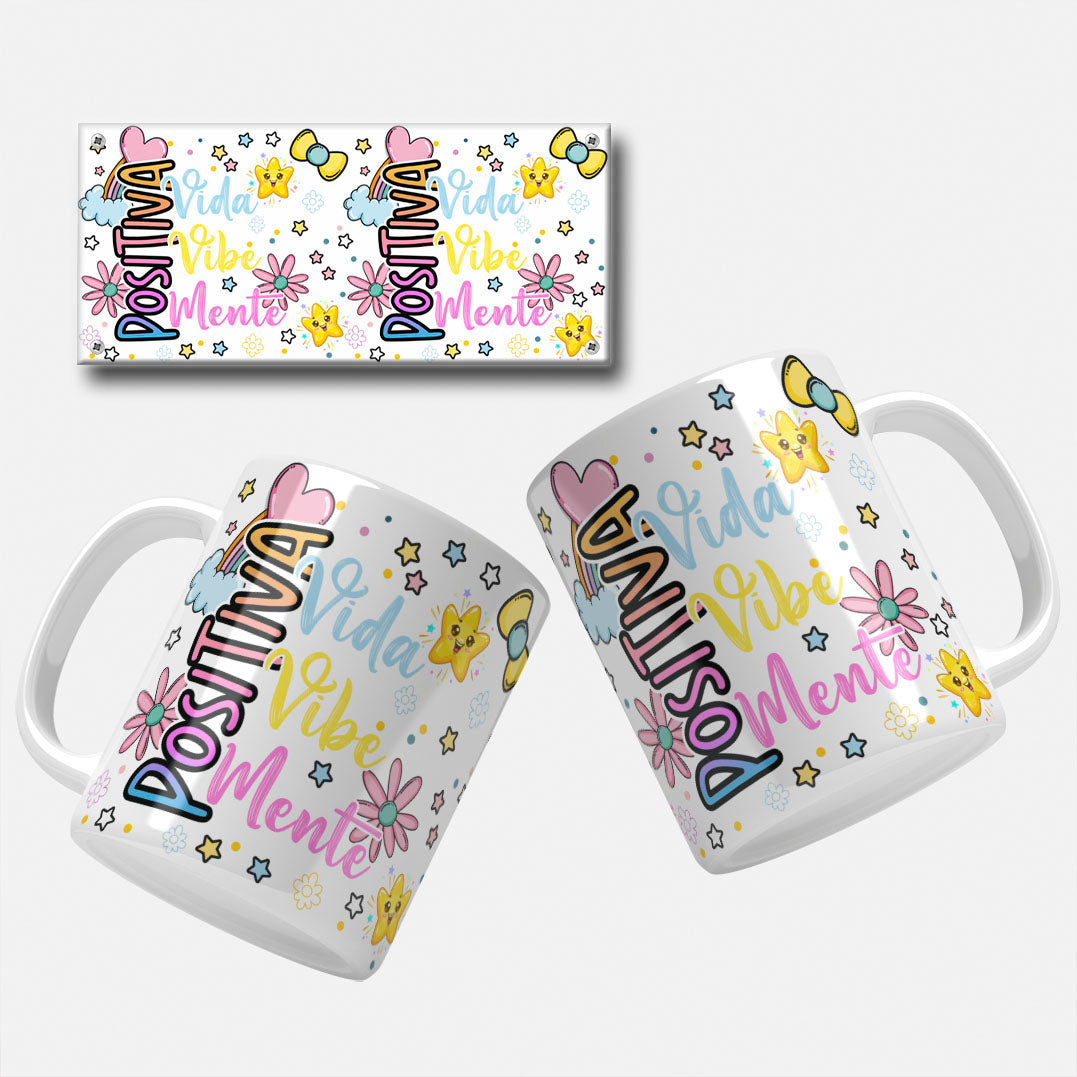 Motivational mug design png. positiva-life-vibe-mind-mug-wrap.png - "Bright and positive mug wrap design with the words 'Vida, Vibe, Mente Positiva' and cute illustrations of flowers, stars, and bows."