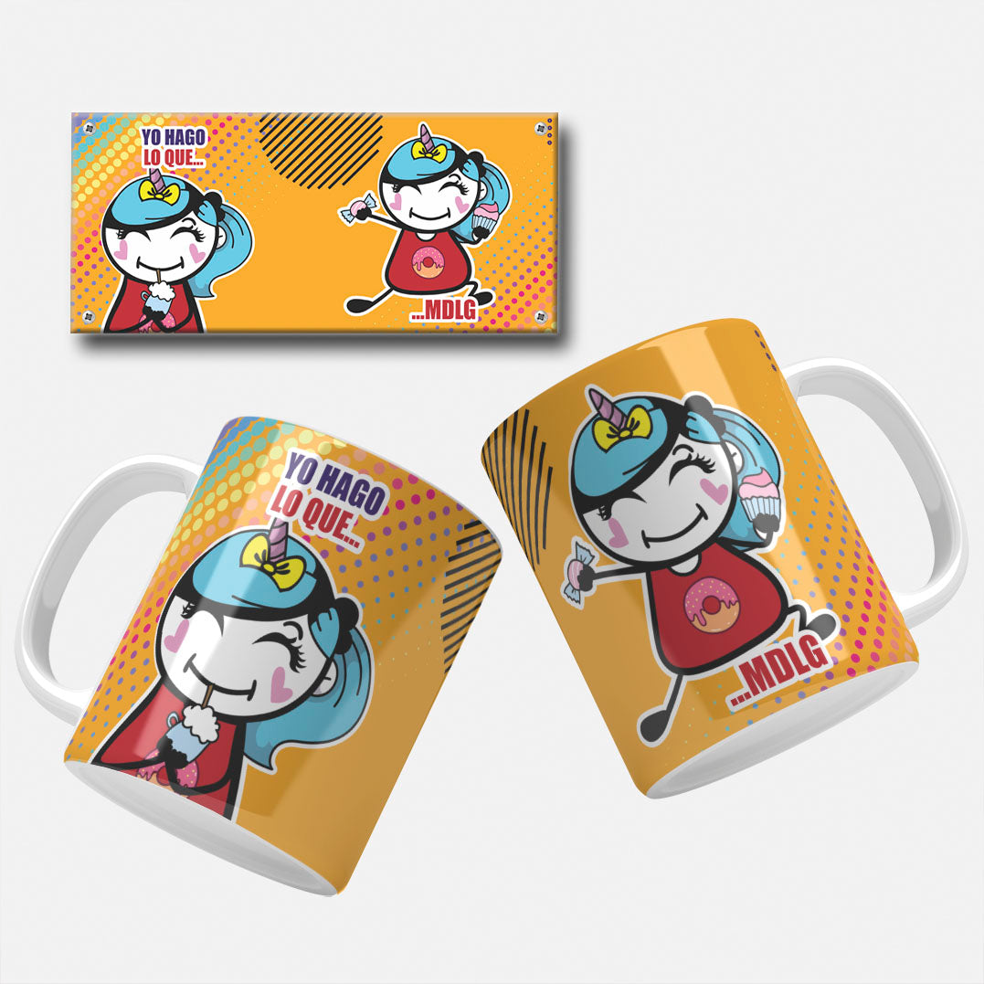Yo Hago Lo Que MDLG mug wrap design featuring a unicorn-themed character enjoying sweets