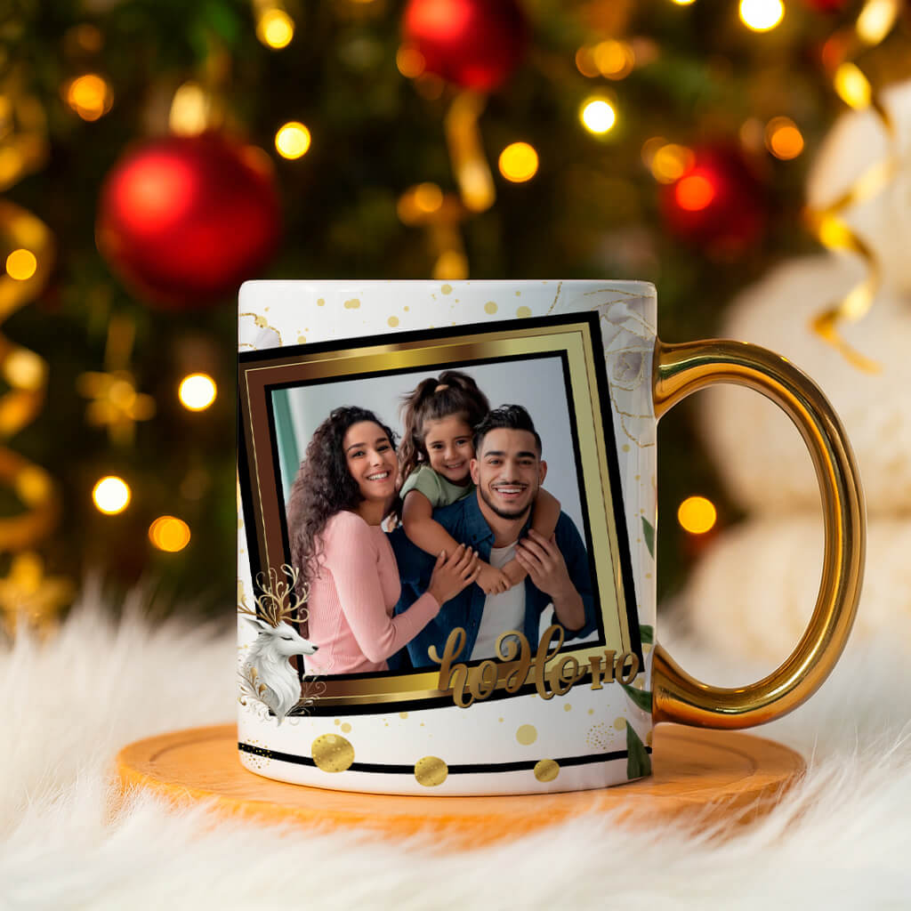 Custom Christmas Photo Mug Sublimation PNG Bundle | Elegant Gold Xmas Picture Frame Mug Wrap