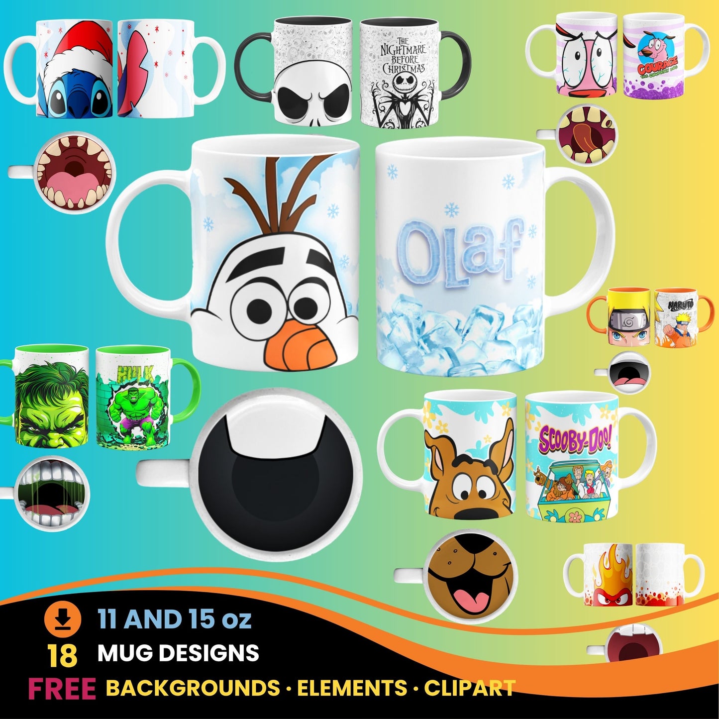 Cartoon Mug PNG Bundle with Fun Mouth Bottoms + Free Clipart & Backgrounds