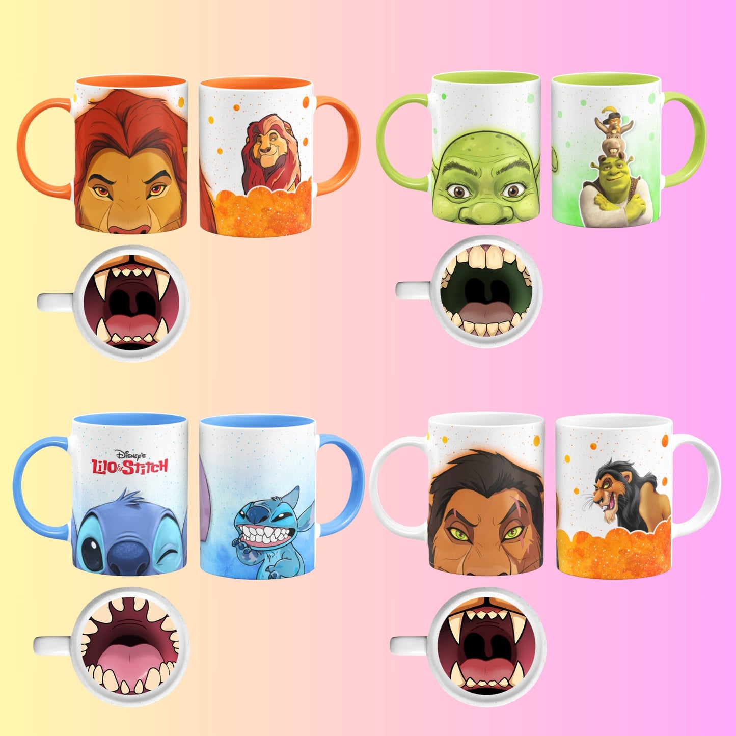 Collection of mugs with various cartoon Character designs and mouth shapes on a colorful background.