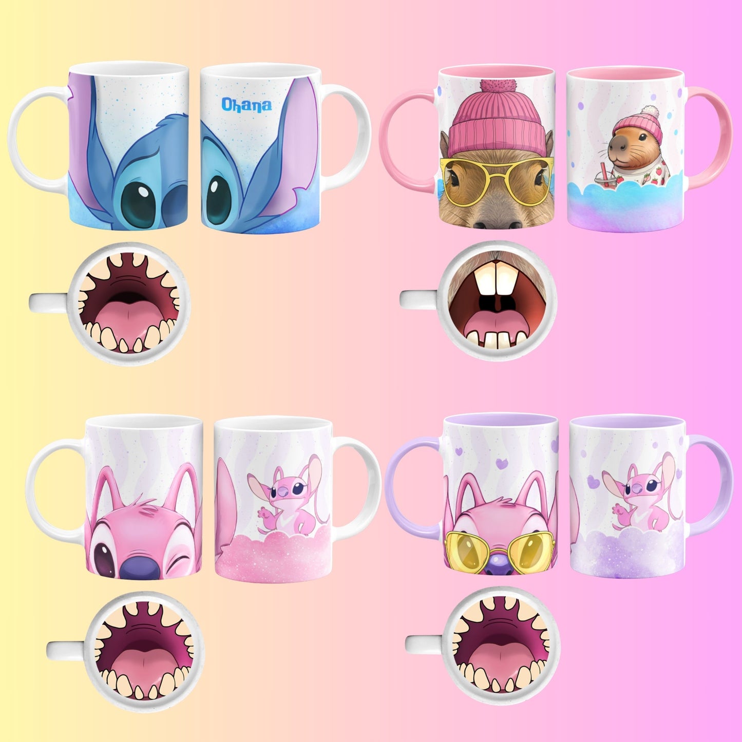 Collection of mugs with various cartoon Character designs and mouth shapes on a colorful background.