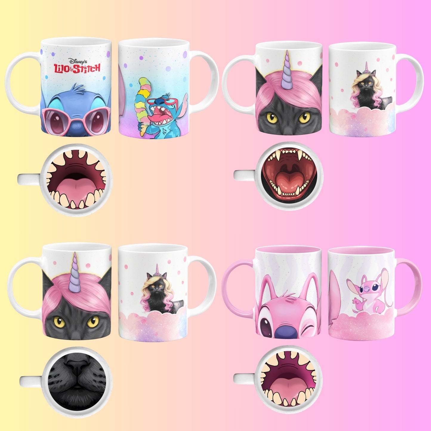Collection of mugs with various cartoon Character designs and mouth shapes on a colorful background.