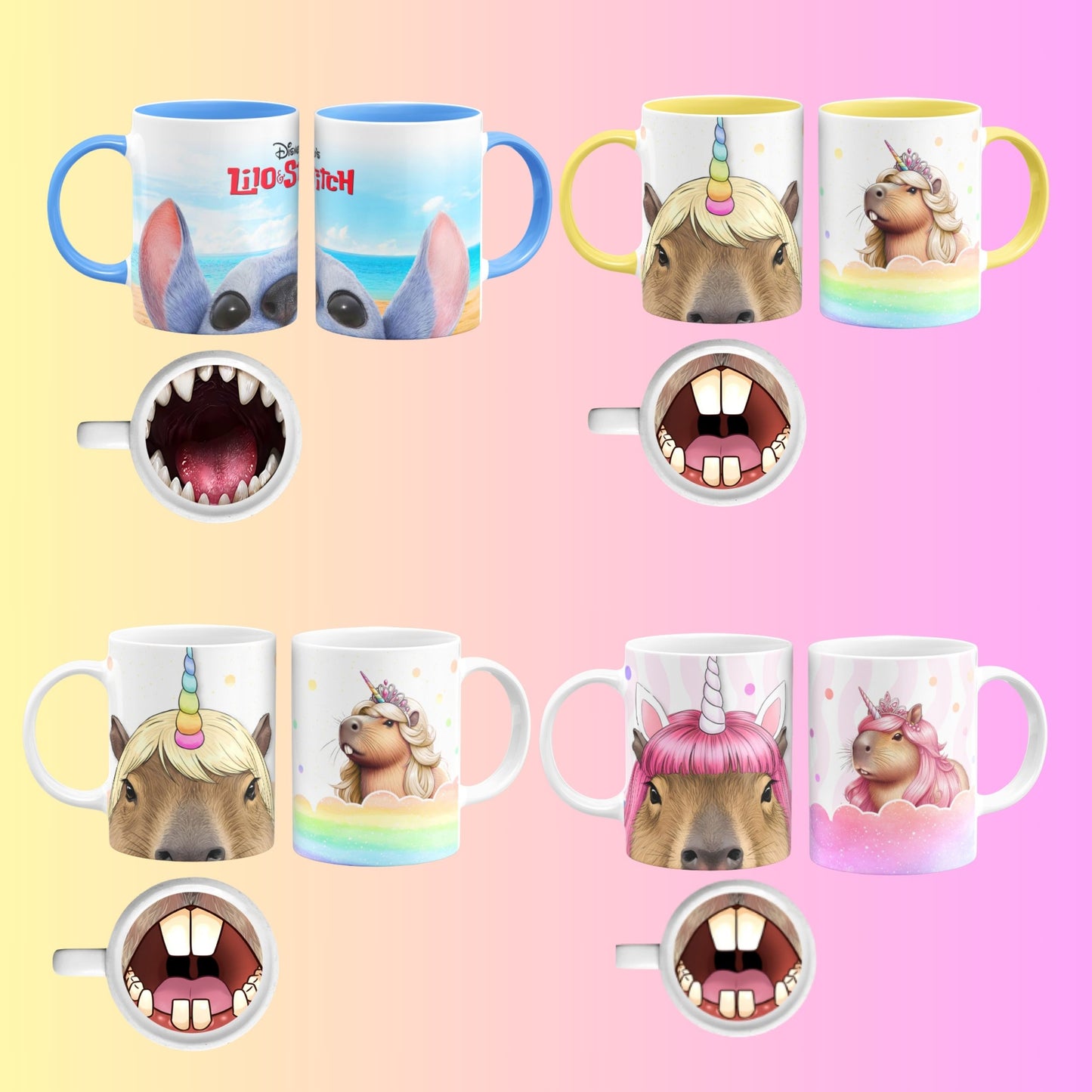 Collection of mugs with various cartoon Character designs and mouth shapes on a colorful background.