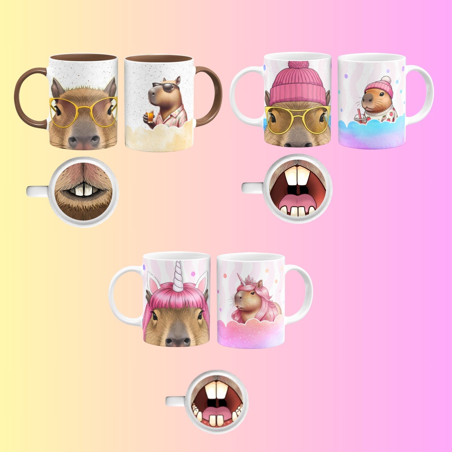 Collection of mugs with various cartoon Character designs and mouth shapes on a colorful background.