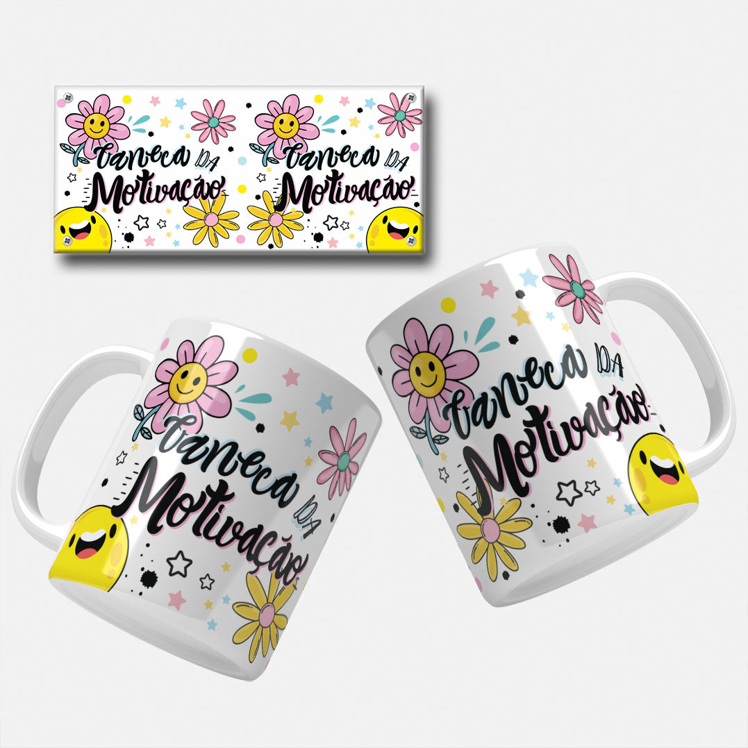 Motivational Mug desing_caneca-da-motivacao-mug-wrap.png Motivational mug wrap design featuring cheerful flowers and the text Caneca da Motivação in vibrant colors