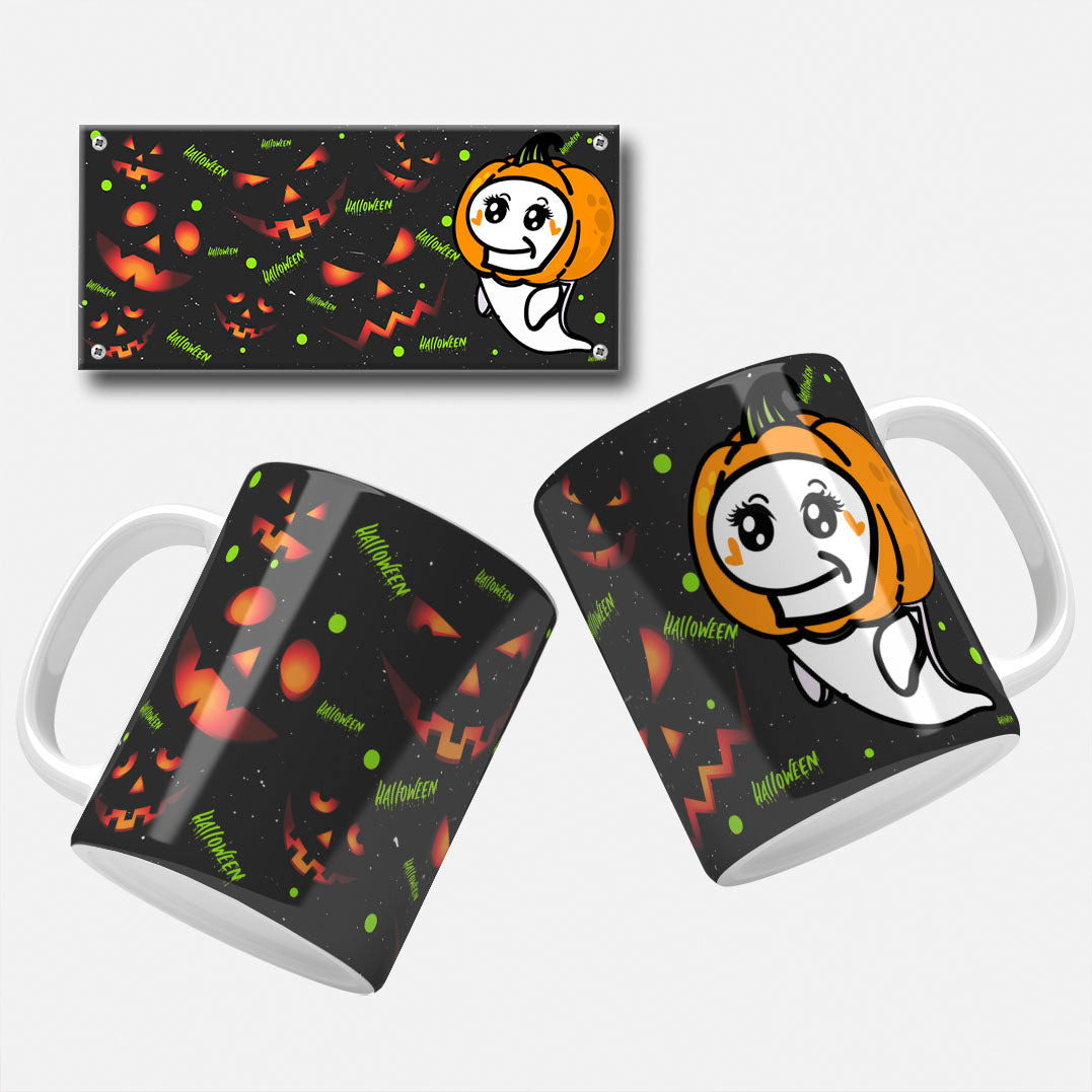 Halloween mug wrap. A cheerful ghost with a pumpkin head surrounded by grinning jack-o'-lantern faces on a dark background, highlighted with neon green "Halloween" text.