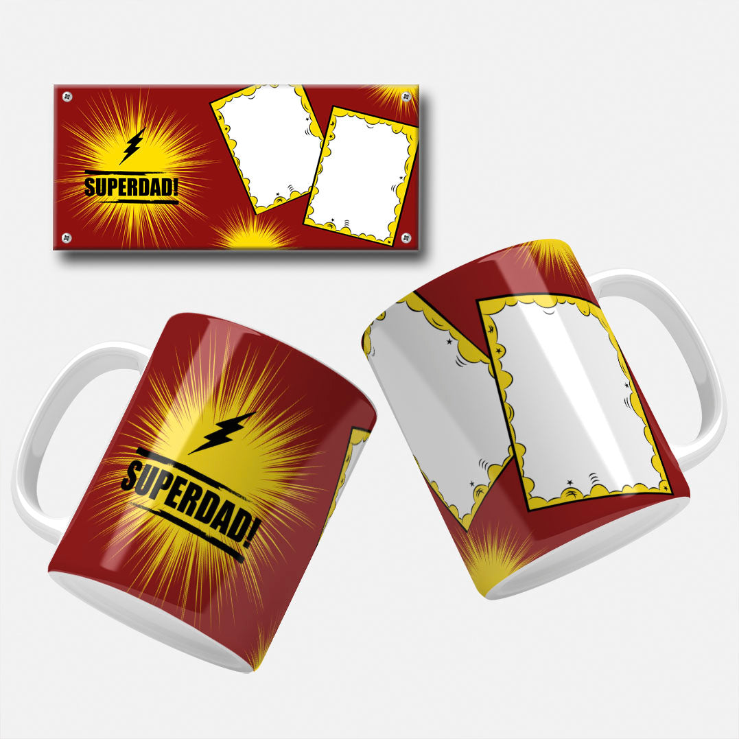 Yellow and red comic-style "Super Dad" mug wrap design with a lightning bolt, celebrating dad as a hero.