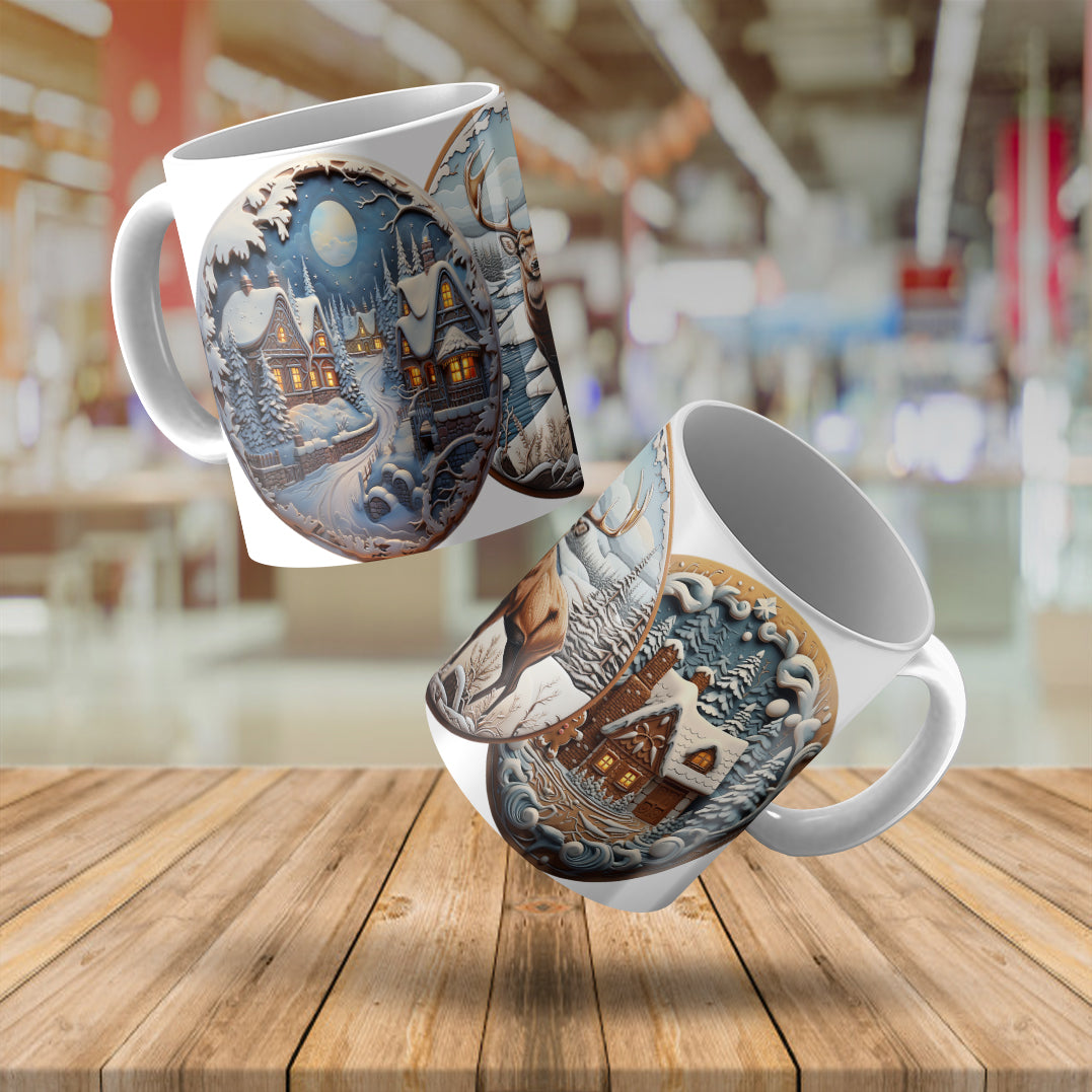 3D Winter Wonderland Mug Sublimation Wrap PNG Bundle | Embossed Christmas Vignette Mug Template