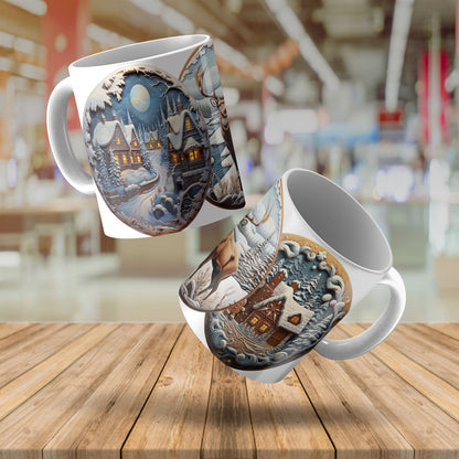 3D Winter Wonderland Mug Sublimation Wrap PNG Bundle | Embossed Christmas Vignette Mug Template